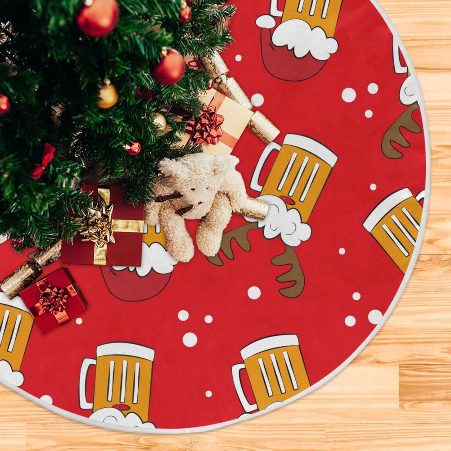 Christmas Funny Beer Tree Skirt, Seasonal Tree Mat Holiday Party Supplies Ornaments Indoor Outdoor Decorations for Tabletop Trees 47.2 Inches