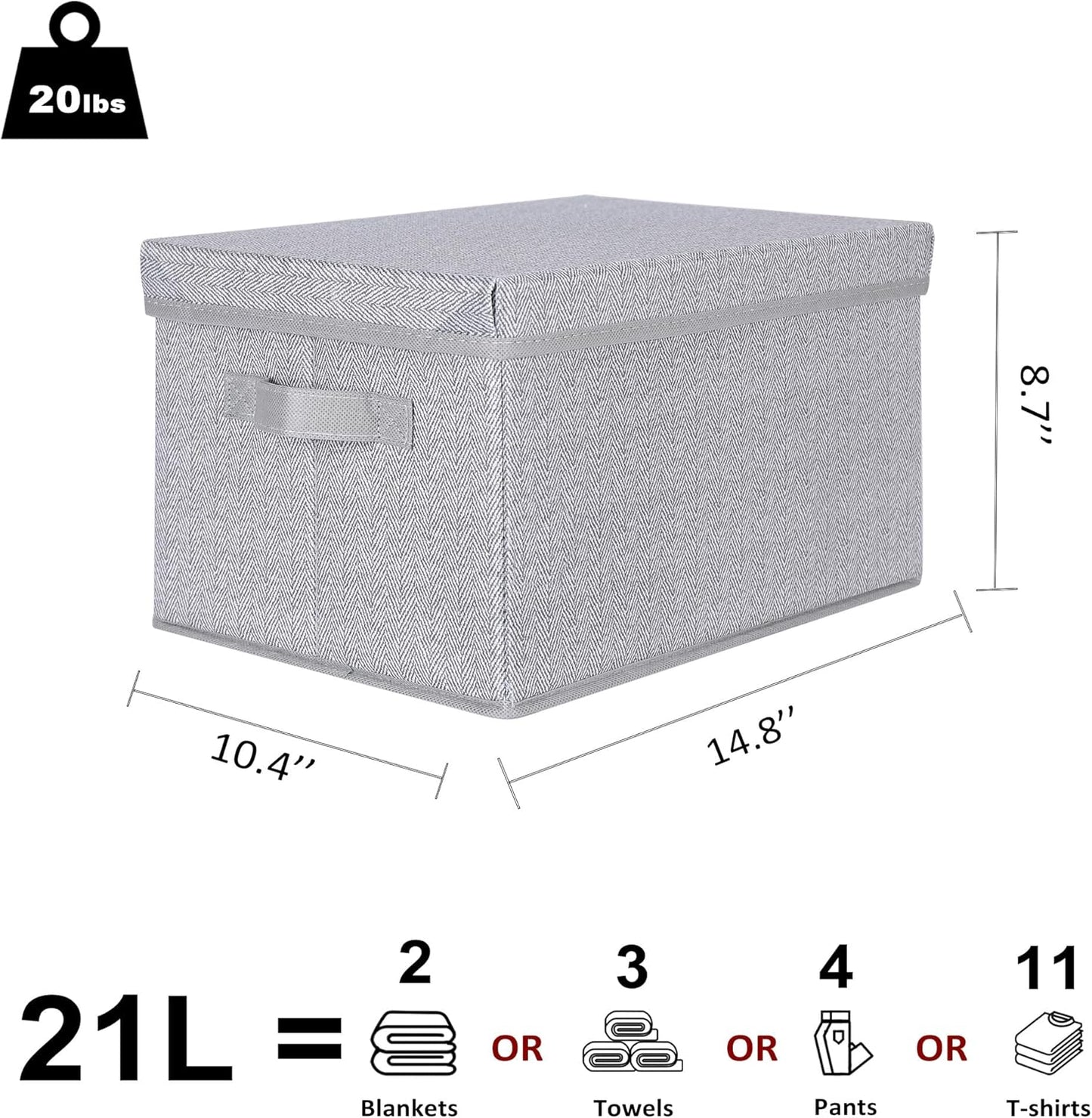 WUIKE 3 Pack Large Storage Bins with Lids, Fabric Closet Shelf Organizers, FoldableStorage Baskets with Cover for Bedroom, Herringbone Gray