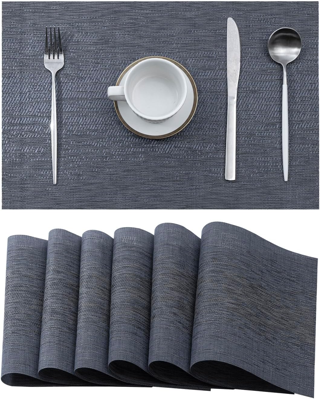 Leetaltree Denim Blue Placemats Set of 6 - Heat Resistant Non-Slip Place mats for Dining Table, Washable Durable PVC Vinyl Woven Table Mats（Denim Blue, 6）