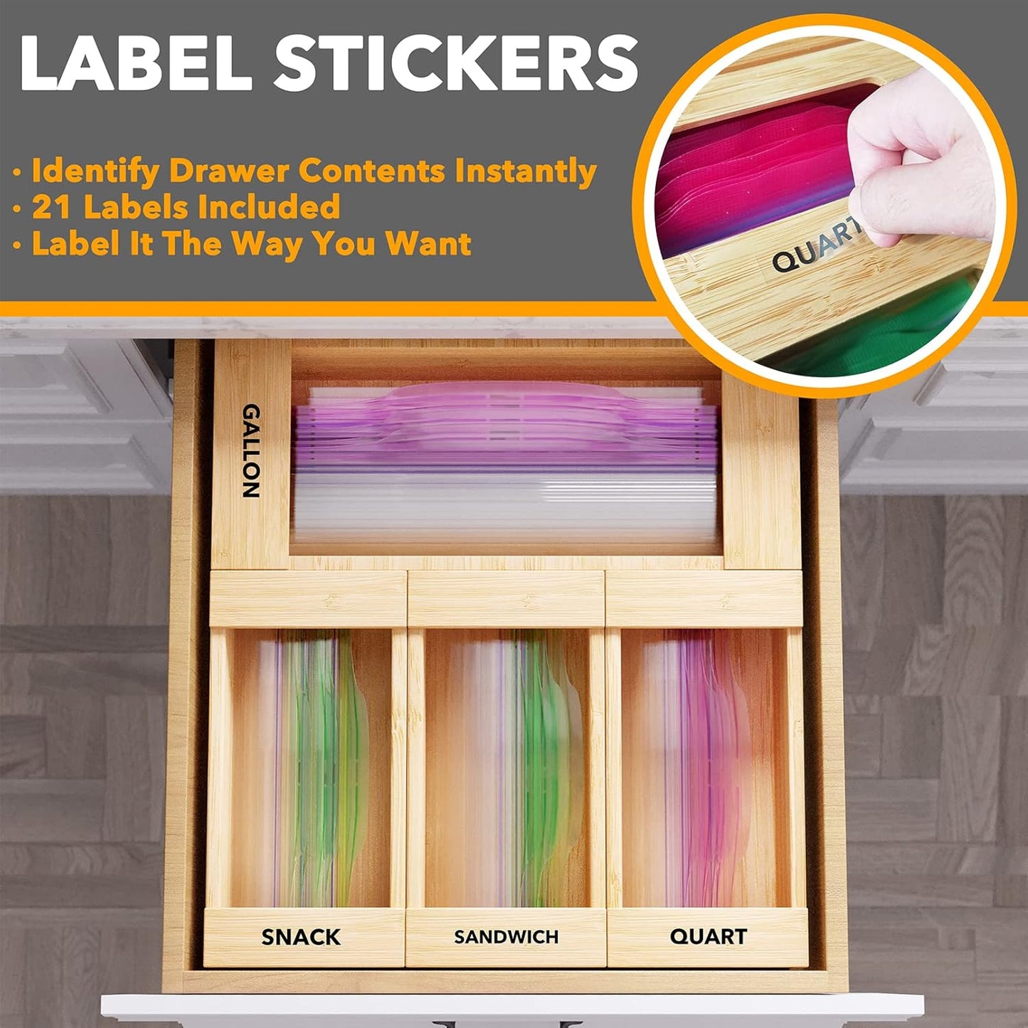 SpaceAid Bag Storage Organizer for Kitchen Drawer, Bamboo Organizer, Compatible with Gallon, Quart, Sandwich and Snack Variety Size Bag (4 Pack), 2.5" High