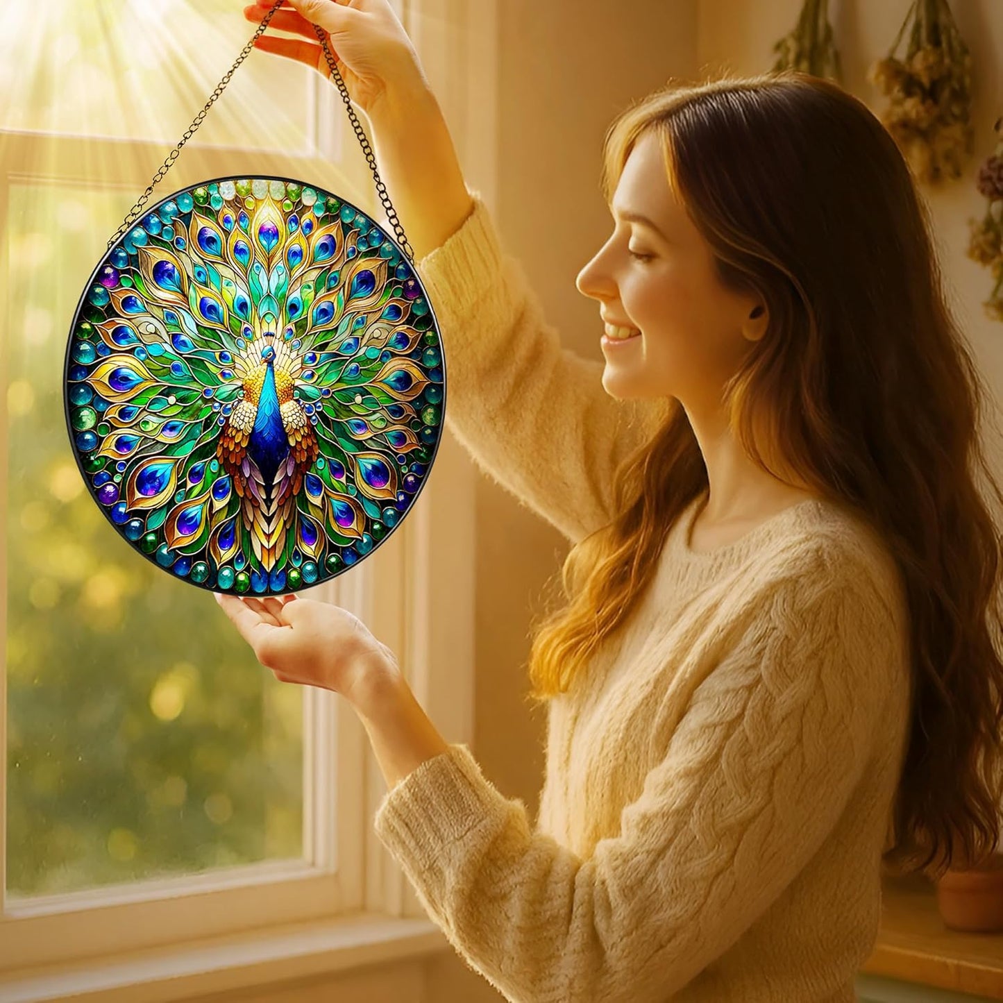 Stained Glass Window Hanging, LAOWEIKI 8'' Peacock Suncatcher, Stained Glass Ornament, Suncatchers for Windows Hanging, Window Decor, Outdoor or Indoor, Gifts for Women, Lovers, Couple, Friend, Bestie