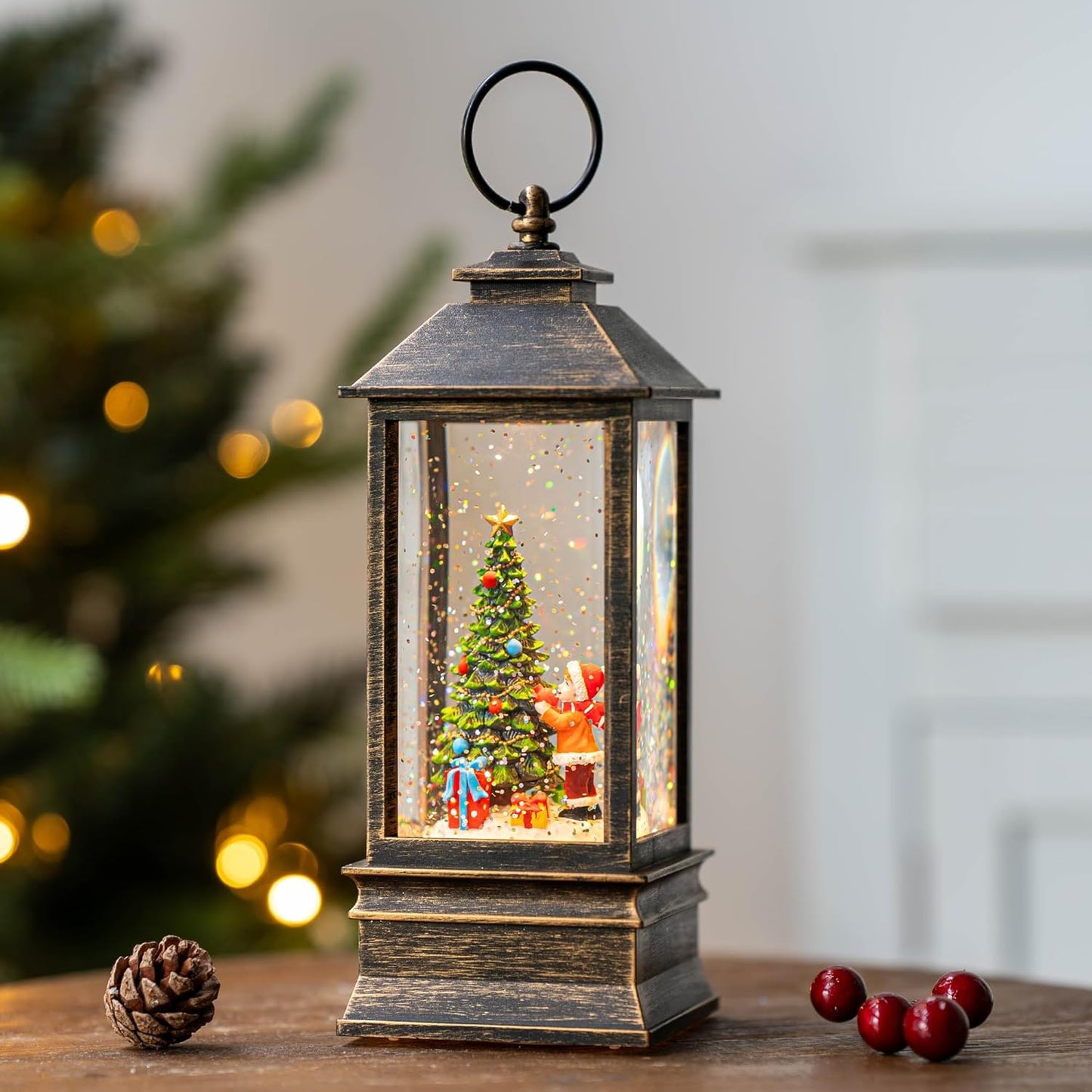 10'' Snow Globe Christmas, Musical Lighted Water Lantern with Swirling Glitter Decoration for Christmas Home, Living Room, Battery Operated or USB Powered (Christmas Tree)