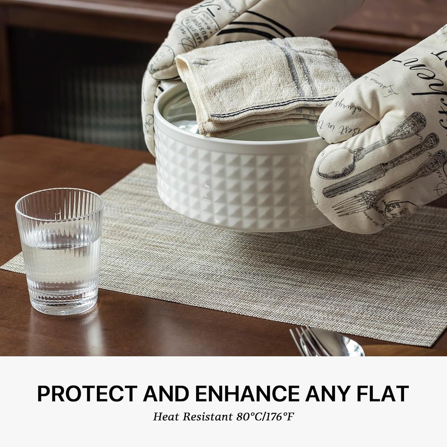 LEXMORE PlaceMats Set of 12 Vinyl/Plastic Woven Place Mats for Kitchen Table Indoor/Outdoor Washable PlaceMat Wipeable Dining Table Mats(Caramel)