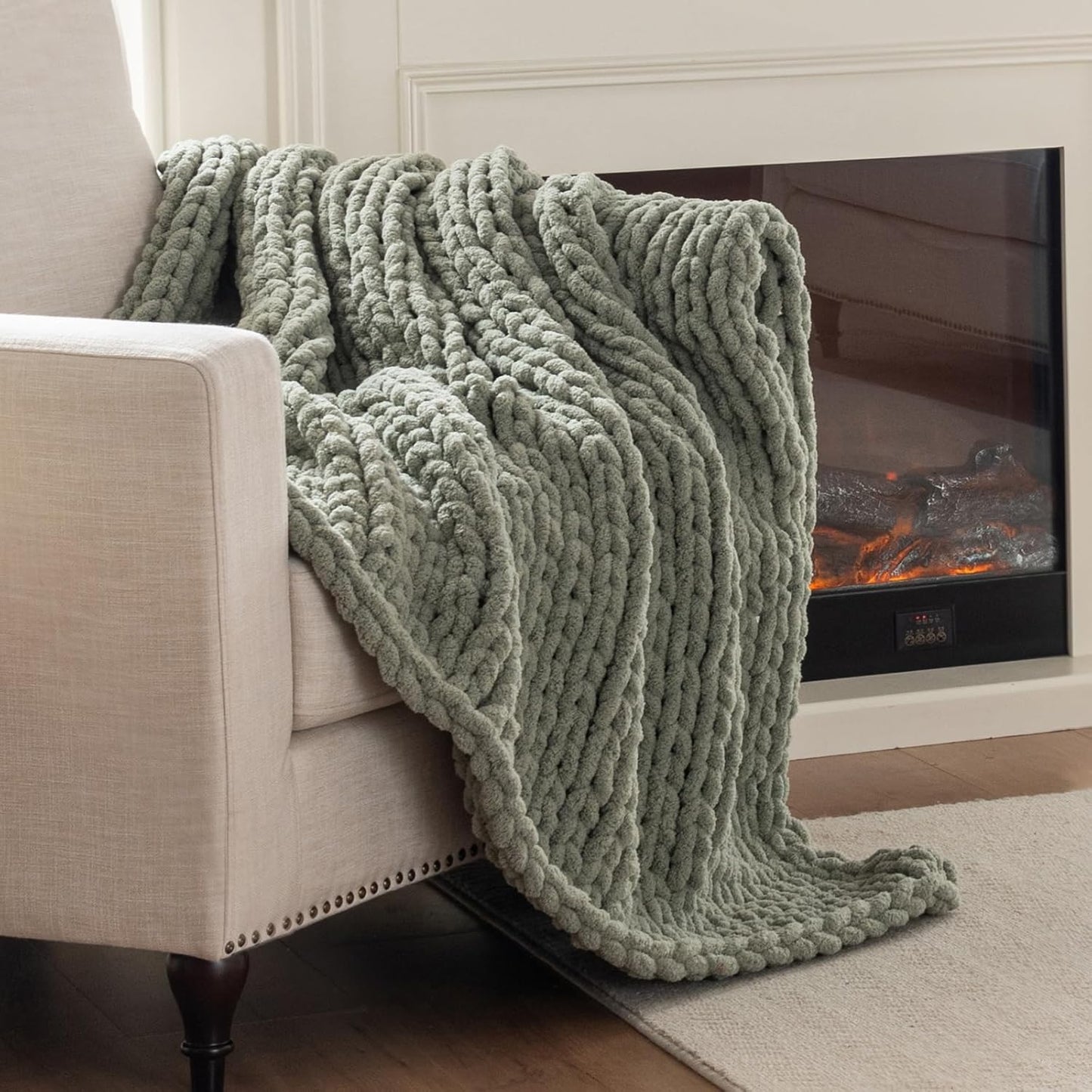 Chunky Knit Blanket Throw, 100% Hand Knit Throw Blanket Handmade Chenille Cable Knit Throw for Couch, Stylish Cozy Soft Rope Knot Crochet Blanket for Home Decor, Sage Green, 60x80 Inches