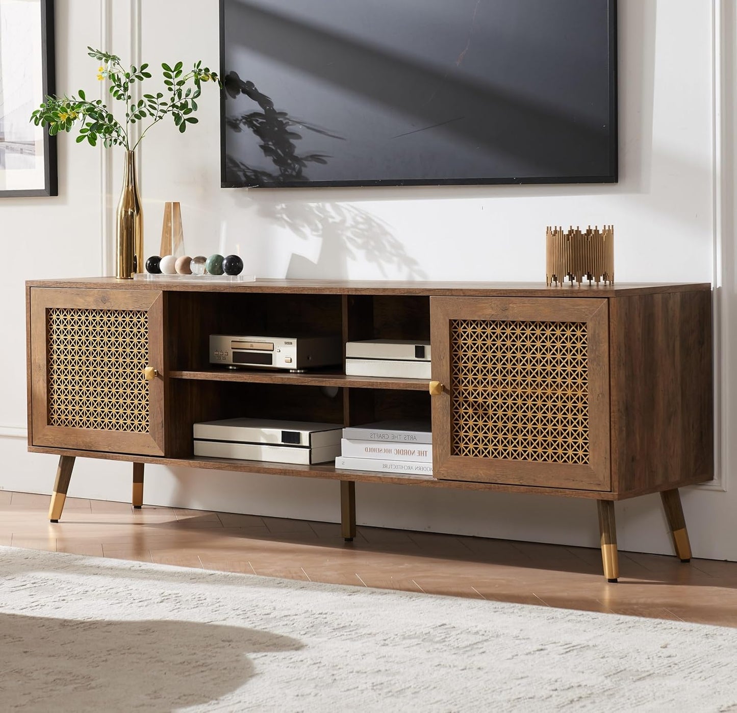 JYED Mid Century Modern TV Stand and Console for TVs Up to 75 inch - Rustic Oak Entertainment Center, 2 Gold Metal Mesh Doors & MDF Wood Grain, 15.8" D x 66" W x 23.5" H