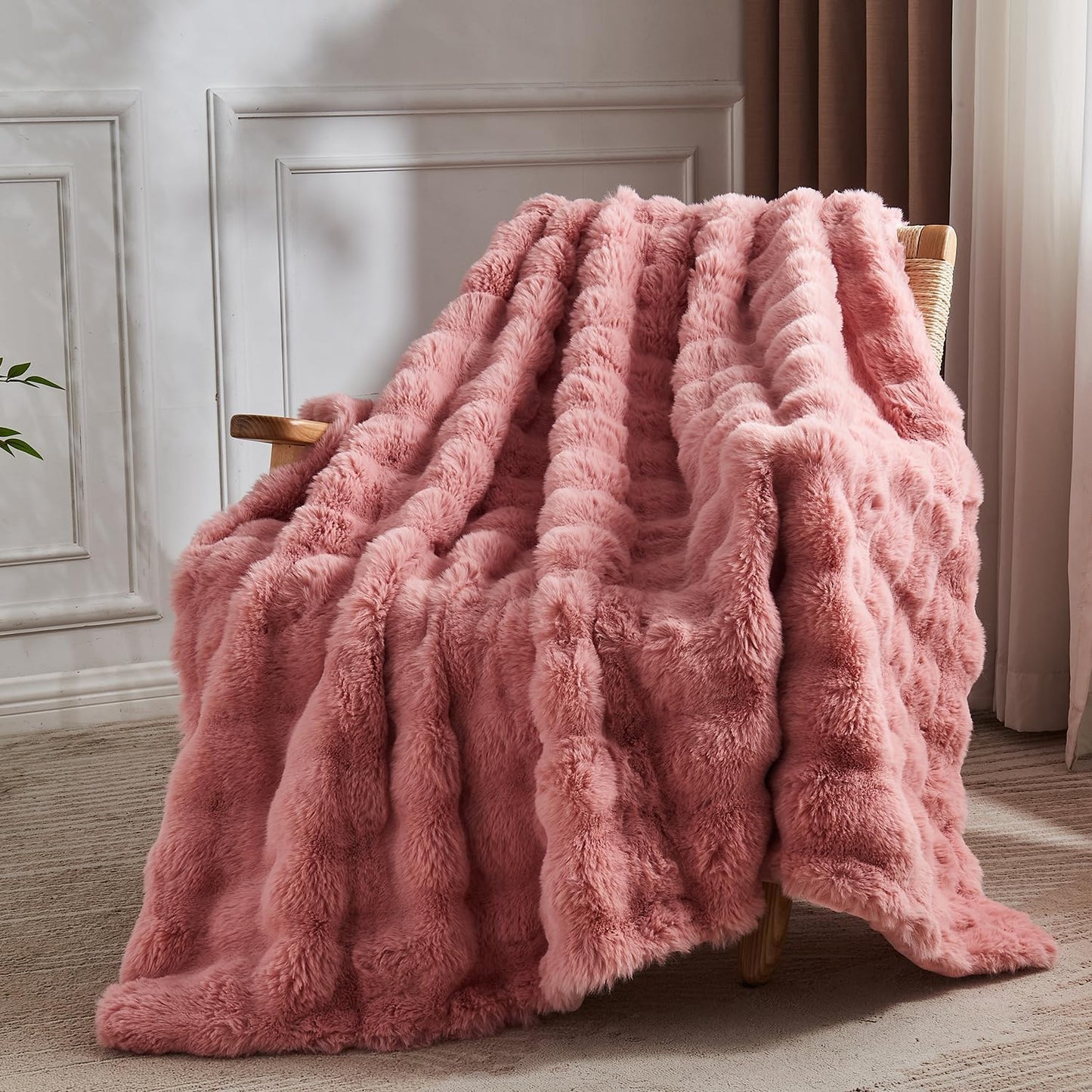 Lotus Karen Faux Fur Throw Blanket Old Pink - Big Bubble Rabbit Fluff Blanket for Couch, Small Fluffy Fuzzy Cozy Blanket, Thick Furry Plush Shaggy Blankets, 50x60 Inches