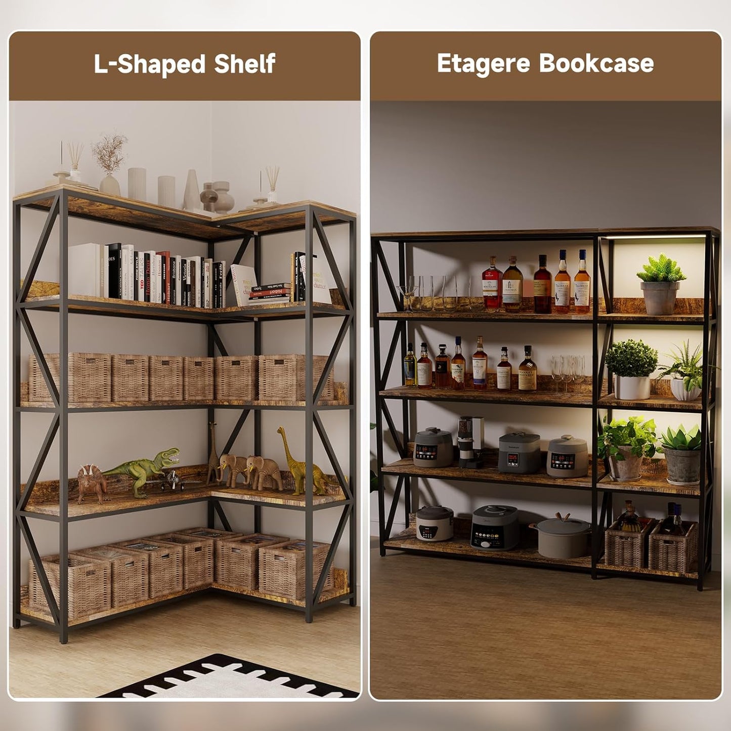 Large Farmhouse Style 5 Tiers Corner Bookshelf with Grow Light, Extra Wide Plant Stand & Bookcase for Home Office 、Craft Space、Living Room, Rustic Wooden Corner Shelf for Indoor Plants