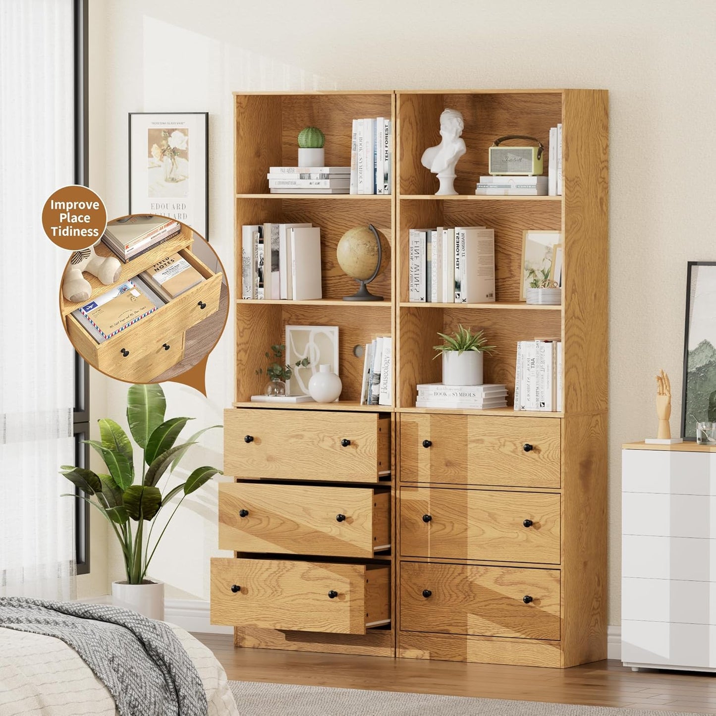 71" Tall Bookshelves Set of 2, Bookcases with Drawers, Bookshelves with Storage, Wooden Bookshelf with 3 Drawers & 3-Tier Open Shelves,Home Decor Furniture for Living Room,Bedroom,Home,Natural