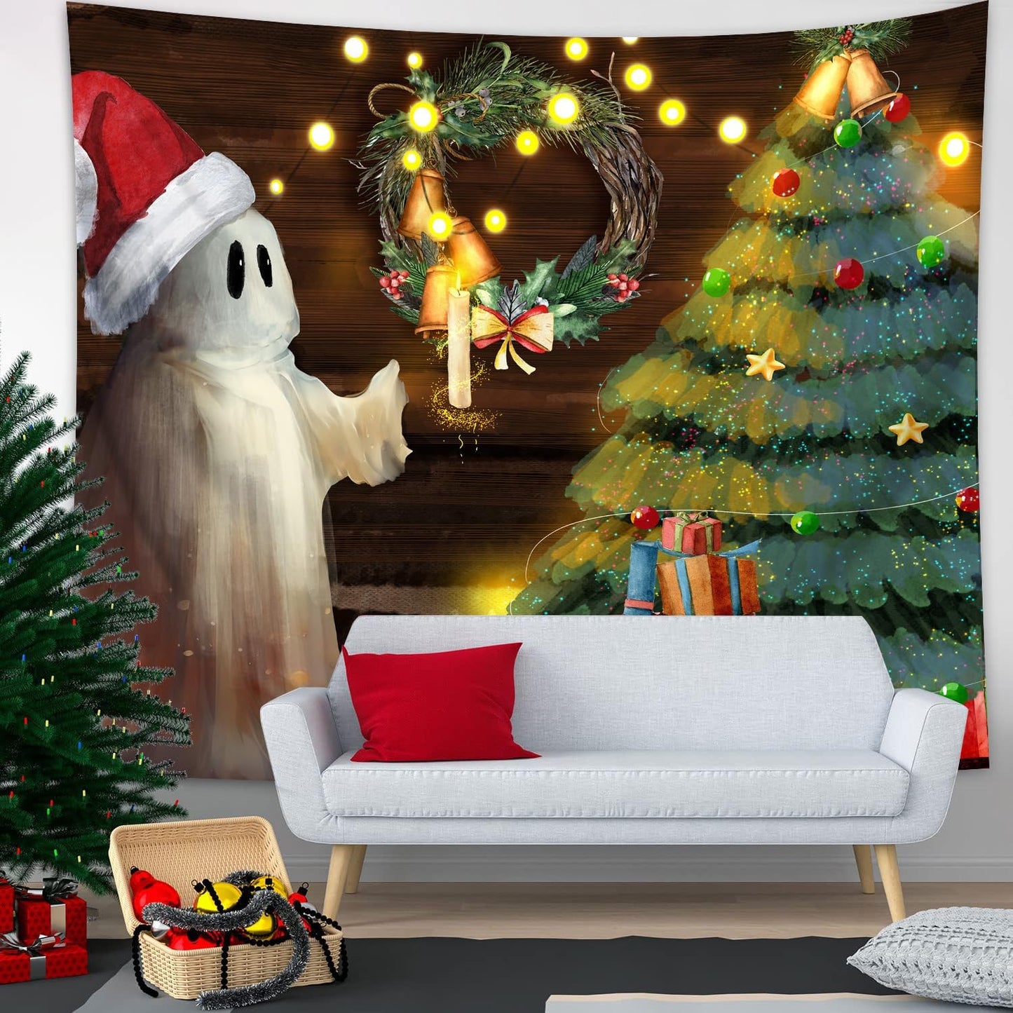 QGHOT Christmas Tapestry Wall Hanging Christmas Tree Backdrop Cute Ghost Wall Decor Xmas Holiday Tapestries for Kids Bedroom Living Room Dorm Party Decoration, Large