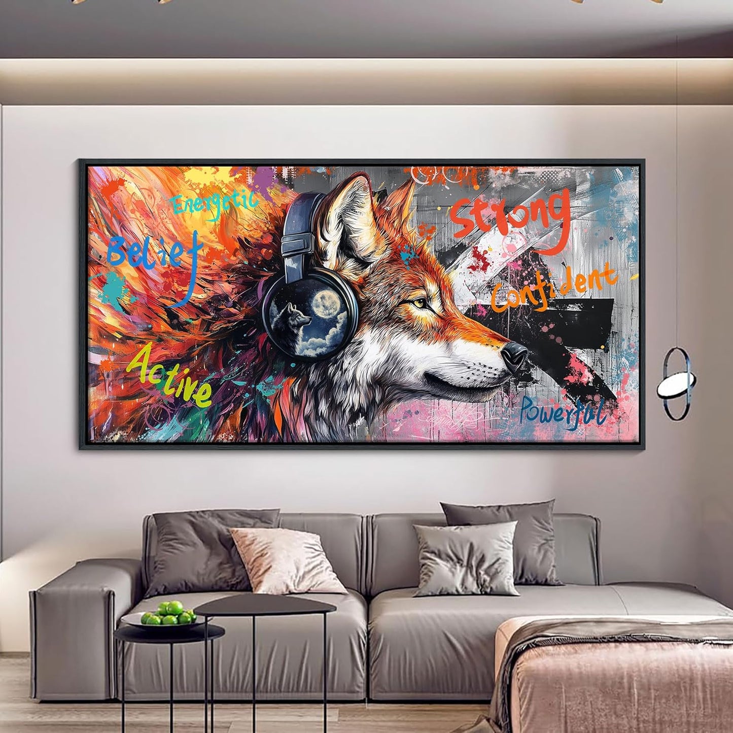 JEAWA Large Framed Wall Art, Modern Graffiti Street Art Funny Wolf with Headphones Pictures Canvas Painting for Living Room Bedroom Office Kitchen Home Inspirational Decor Gifts for Men 29x58
