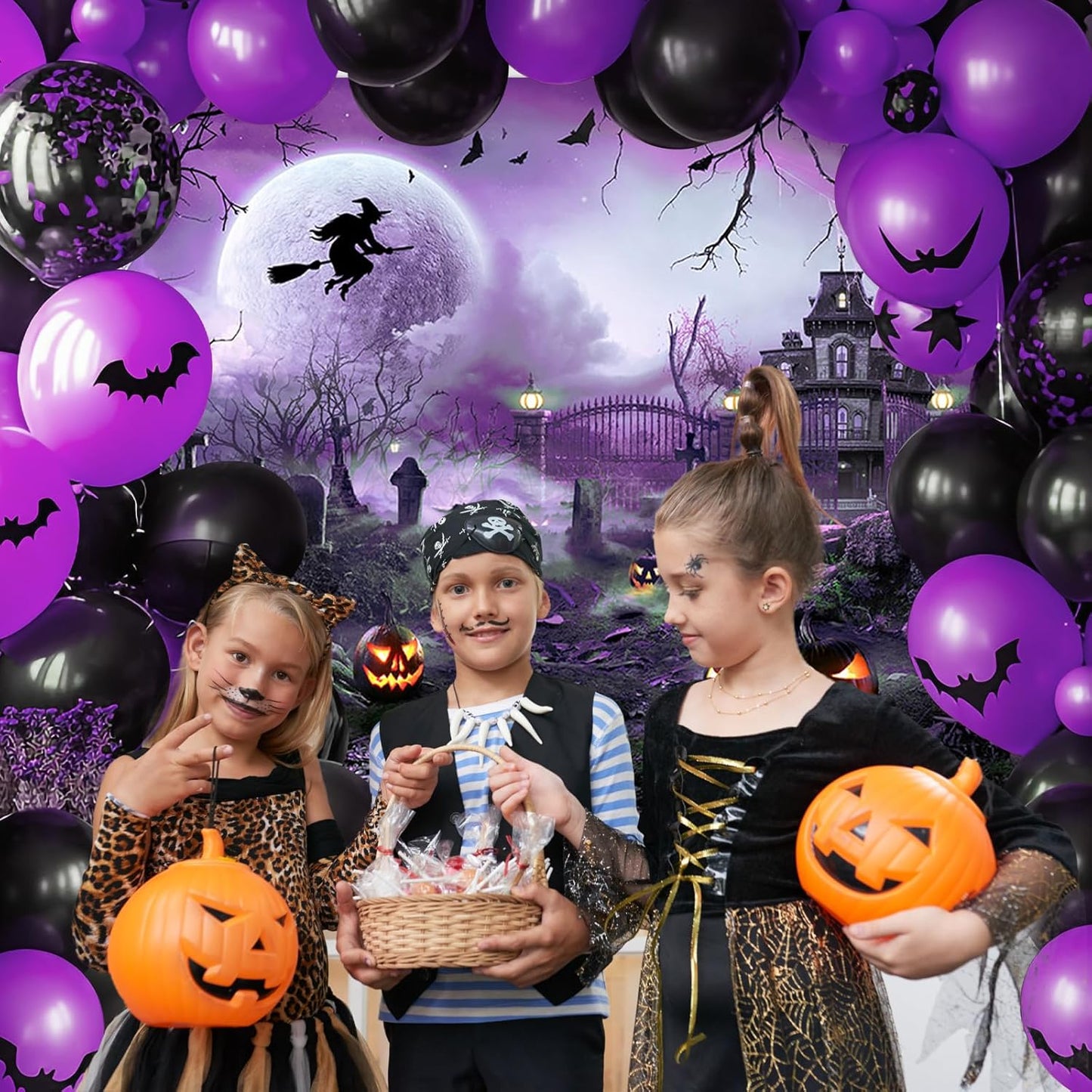 Avezano Halloween Photography Backdrop Full Moon Scary Night Castle Pumpkins Party Background Spooky Witch Bats Cemetery Child Kids Halloween Party Decorations Photoshoot Backdrops (7x5ft, Purple)