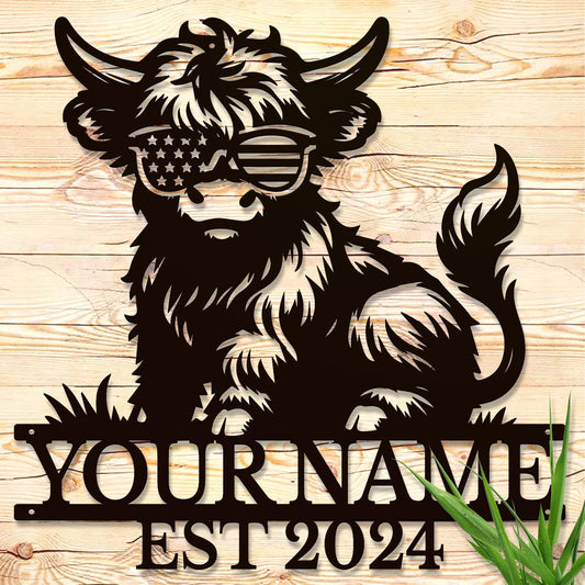 Personalized Highland Cow Name metal Signs,Custom Highland Cow Metal Shed Wall Decor,Black Metal Wall Art Plaques Outdoor wall Decorative Signage (Style C)