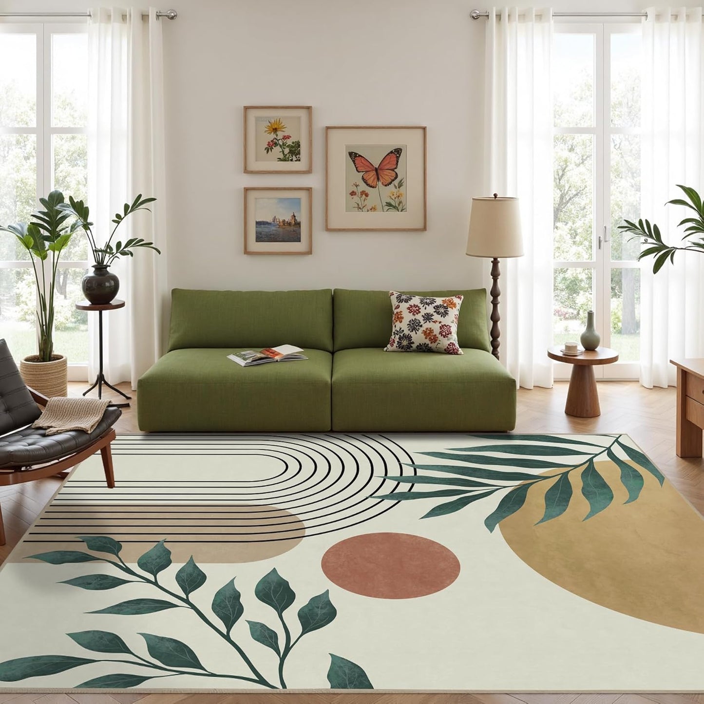 Indoor Outdoor Area Rug, Mid Century Sun Outdoor Patio Rug,Washable Abstract Art Leaves Eucalyptus Runway Rugs Non-Slip Carpet for Camping, Bedroom, Deck(8x10)