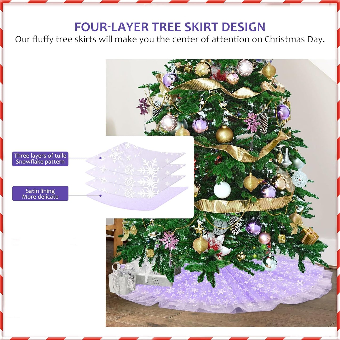 Christmas Wedding Tree Skirt, 4 Layer 45 in Snowflake Tulle Tree Decoration for Party Indoor, Fluffy Tree Cover Mat Ornament for Holiday, Purple