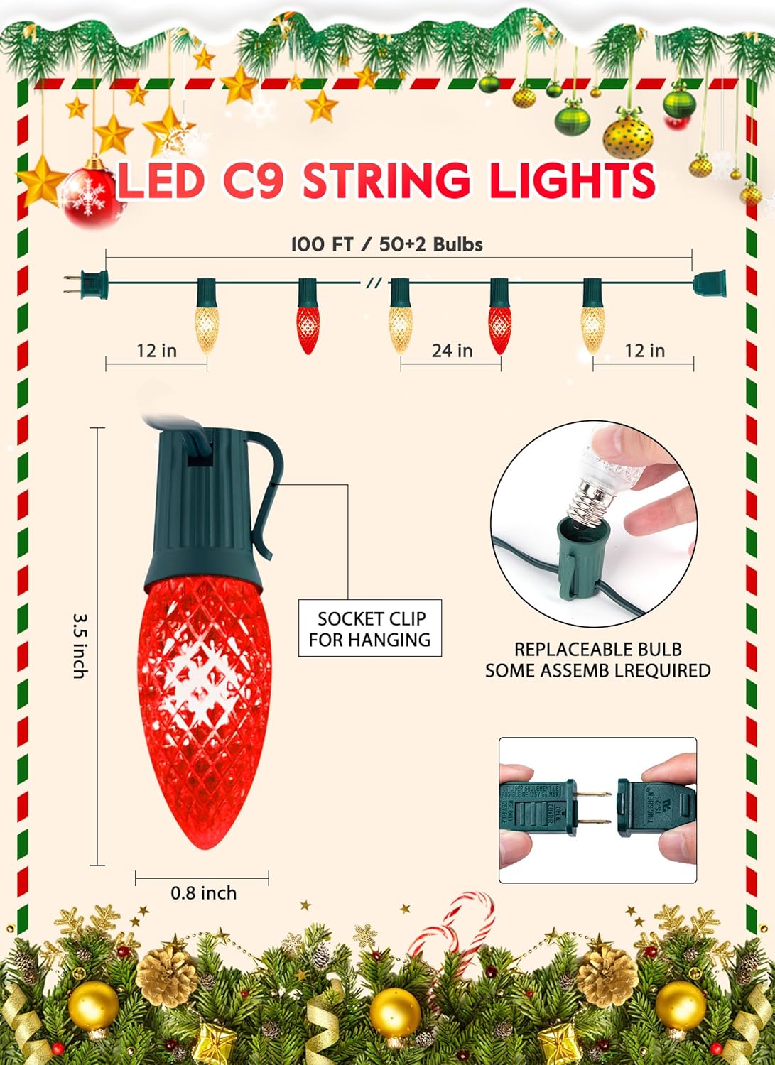 Outdoor Christmas Lights, 100 Ft C9 LED Commercial String Lights with Red and Warm White Strawberry C9 Bulbs, Waterproof Connectable UL Certified C9 Lights for Indoor Yard Xmas Tree House Decor