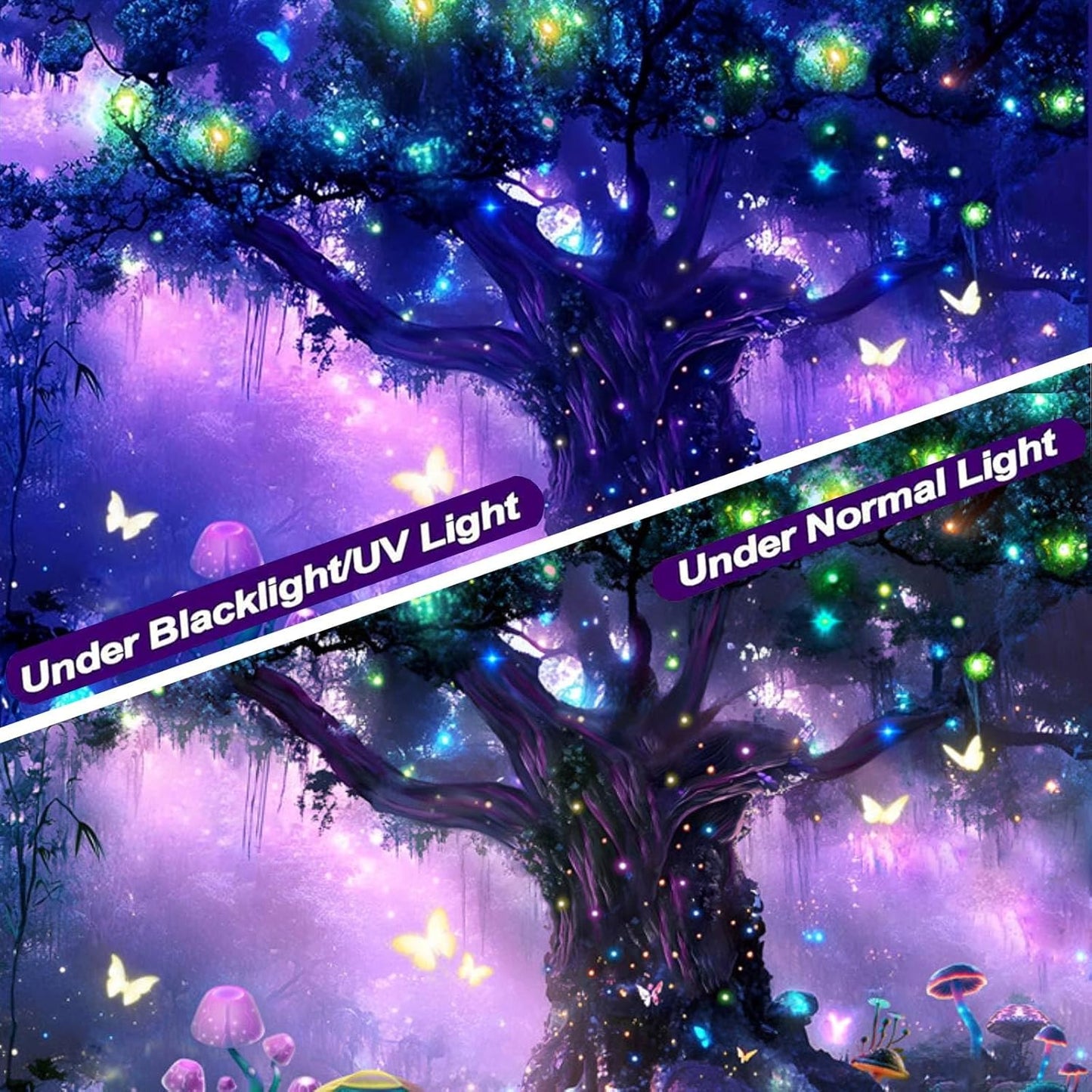 Atrippy Blacklight Fantasy Forest Poster Tapestry for Bedroom, Black Light UV Nature Tree of Life Tapestries Wall Hanging, Magical Mushroom Butterfly Backdrop for Living Room Dorm Decor 51x60 Inches