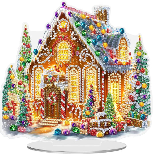 MEIYUDA Christmas Diamond Art Tabletop Kits, Christmas House Diamond Art Painting Desktop Ornaments for Adult, DIY Special Shaped Crystal Desk Placement Ornament for Home Office Decor Crafts Gift