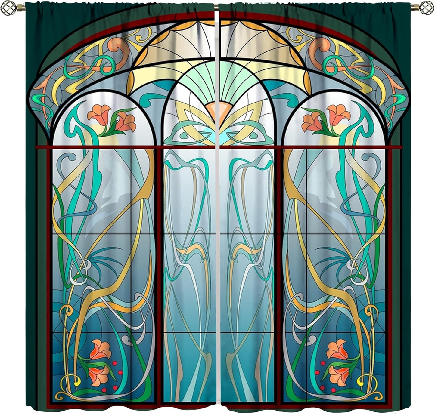 Stained Glass Curtains, Retro Mid Century Boho Abstract Art Home Decor Drapes for Bedroom Living Room Kitchen Window Treatment 2 Panels Set Total Size 63" W X 63" L Inch