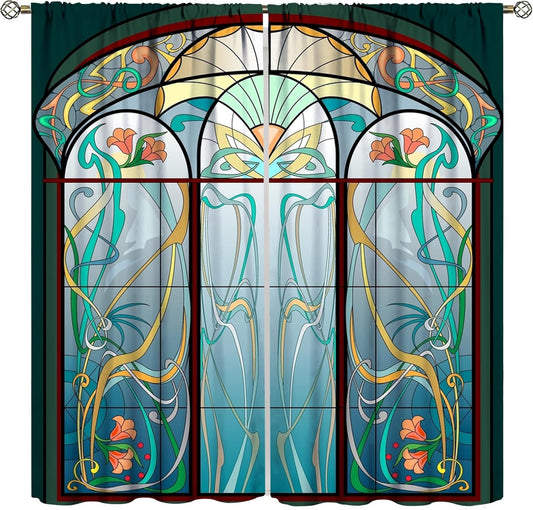 Stained Glass Curtains, Retro Mid Century Boho Abstract Art Home Decor Drapes for Bedroom Living Room Kitchen Window Treatment 2 Panels Set Total Size 63" W X 63" L Inch