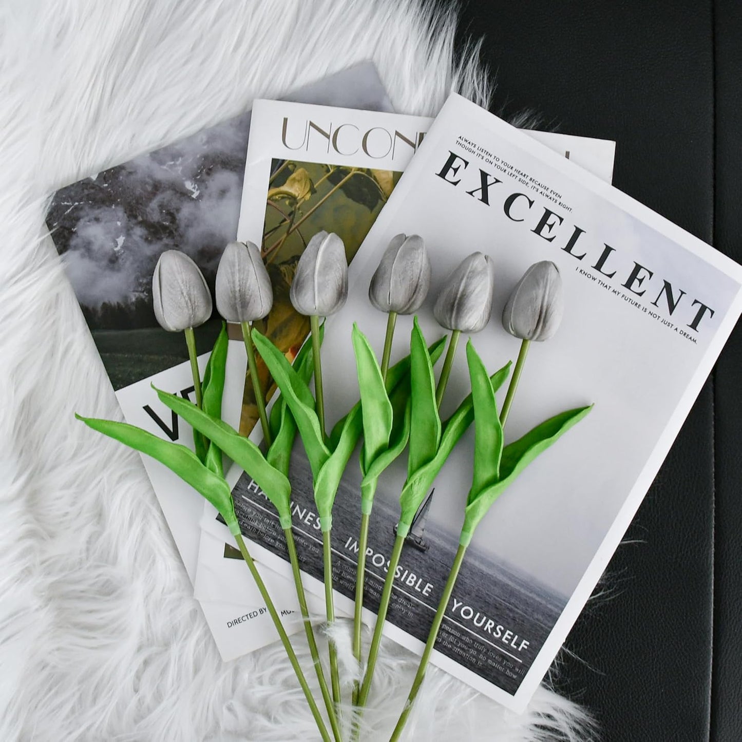 Mandy's Artificial Tulips 20 Stems Silver Grey PU Faux Flowers for Wedding Home Decor 13.5 Inch