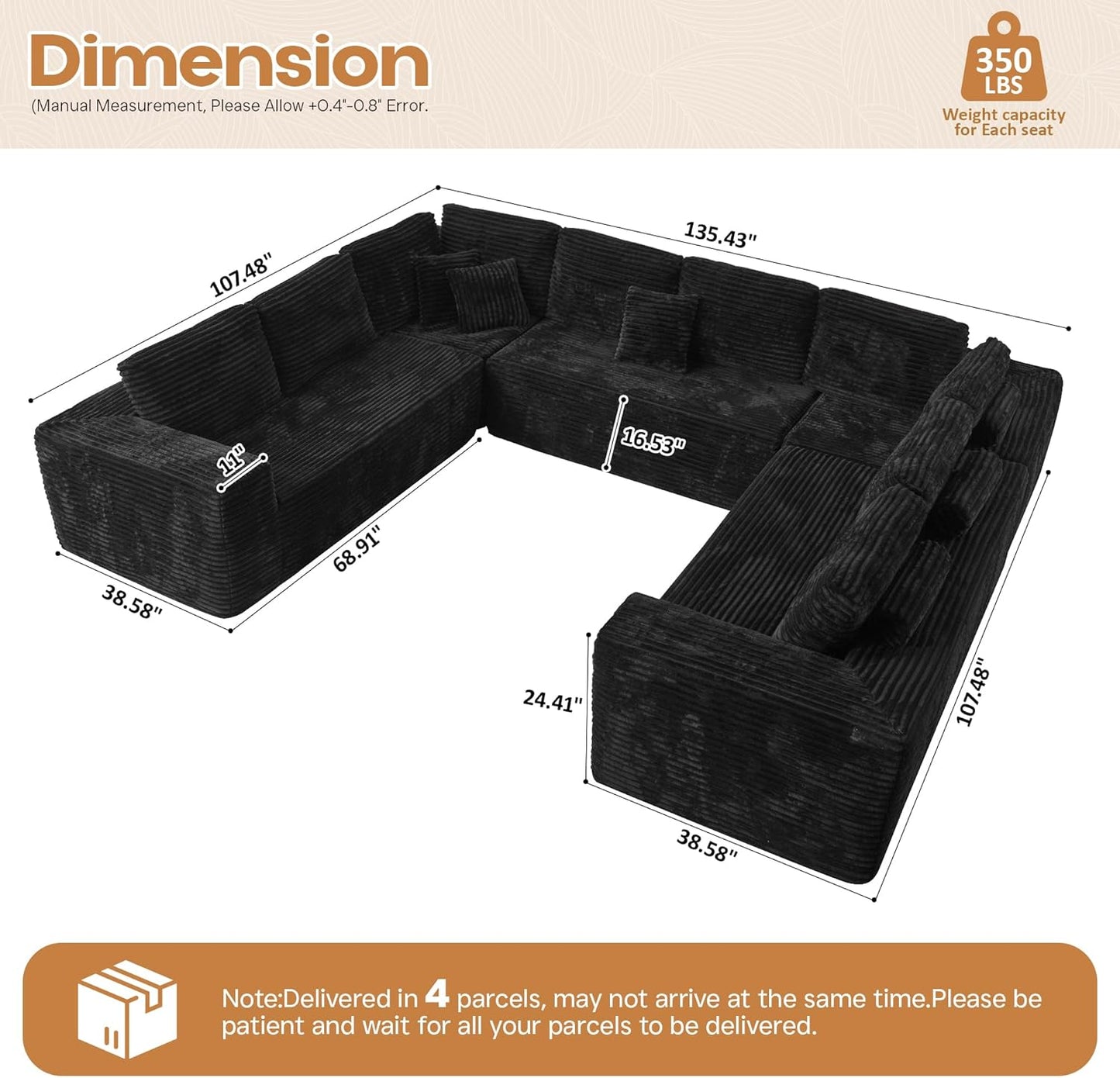 Cloud Sectional Couches for Living Room,U Shaped Modular Sofas No Assembly,135x107 Inches Plush Corduroy Oversized Floor Couch Set with Deep Seat Chaise,Black