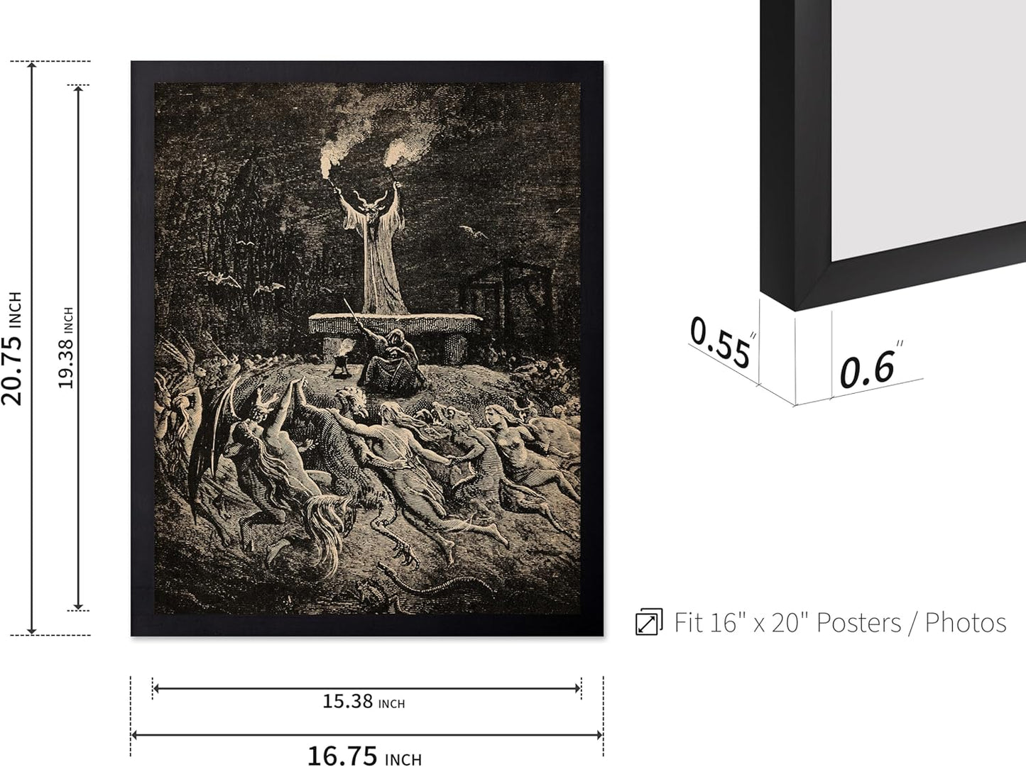 Poster Master Vintage Gustave Dore Poster - Retro Illustration Print - Gift for Gothic, Horror Fan - Dance of Sabbath, Witch, Magic, Spell - Wall Decor for Bedroom, Dorm, 16x20 Black Framed