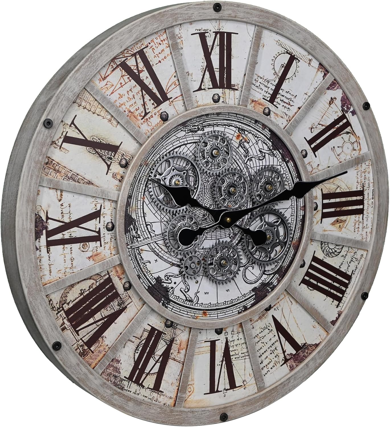 Unique Moving Gear Large Wall Clock 21inch-Battery Powered. Retro Industrial Steampunk Country Farmhouse Decor for The Living Room Kitchen Bars cafes Offices(whith/metal/21)