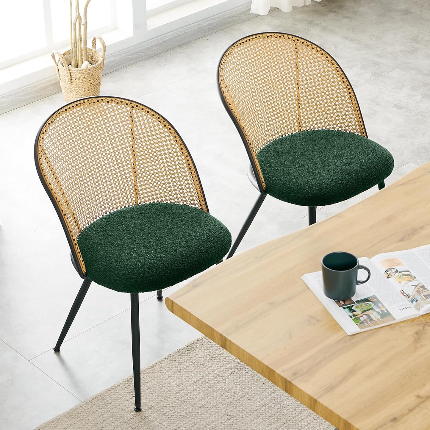 Rattan Dining Chairs Set of 2, Mid-Century Modern Kitchen Dining Room Chairs with Full Cane Backrest Armless Upholstered Farmhouse Boucle Dining Chairs with Metal Leqs for Dining Room, Green