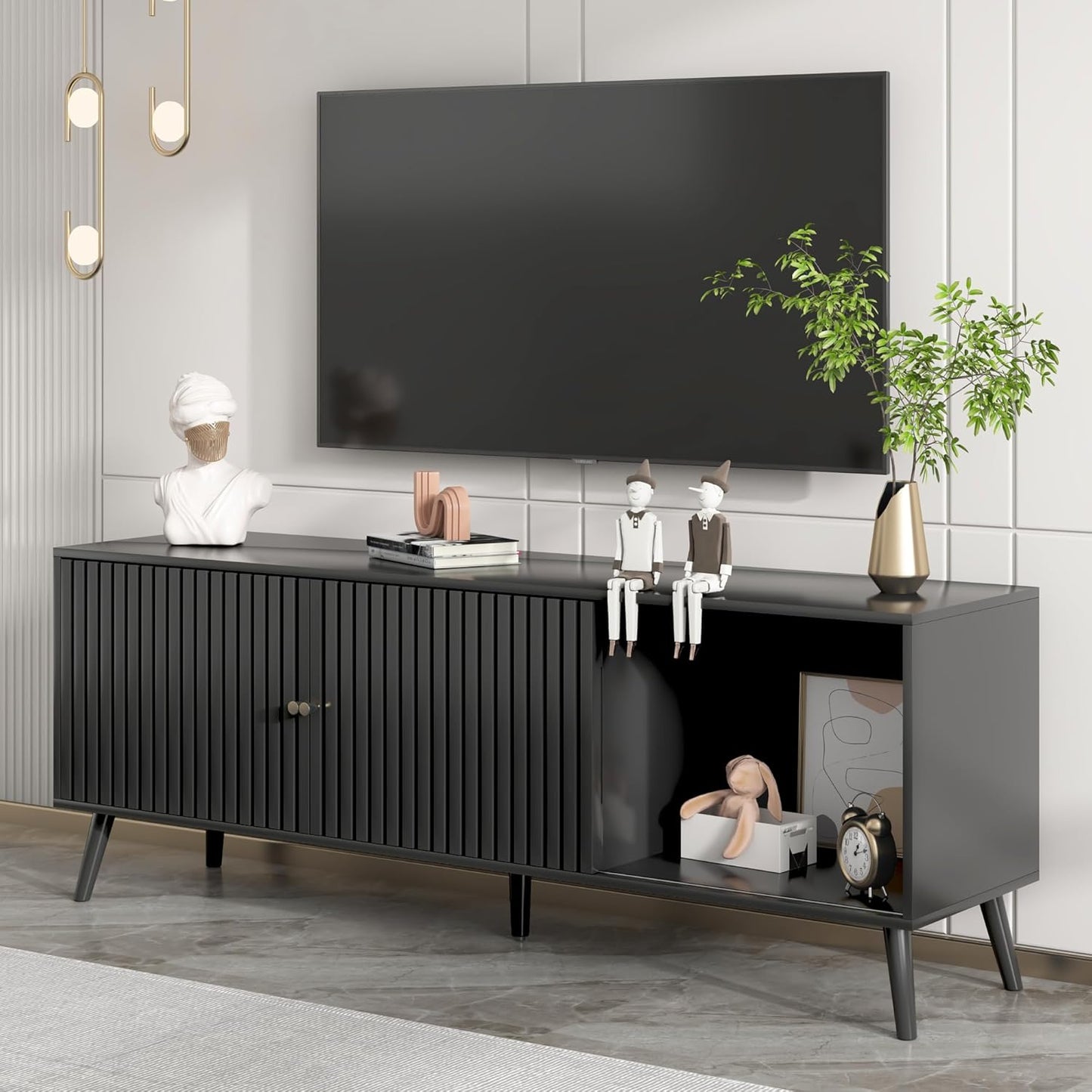 Mid Century Modern TV Stand for Televisions up to 70 Inches, with Sliding Doors and Storage, Television Stands, TV Consoles, Media Consoles for Living Room, 63 Inch (Black)