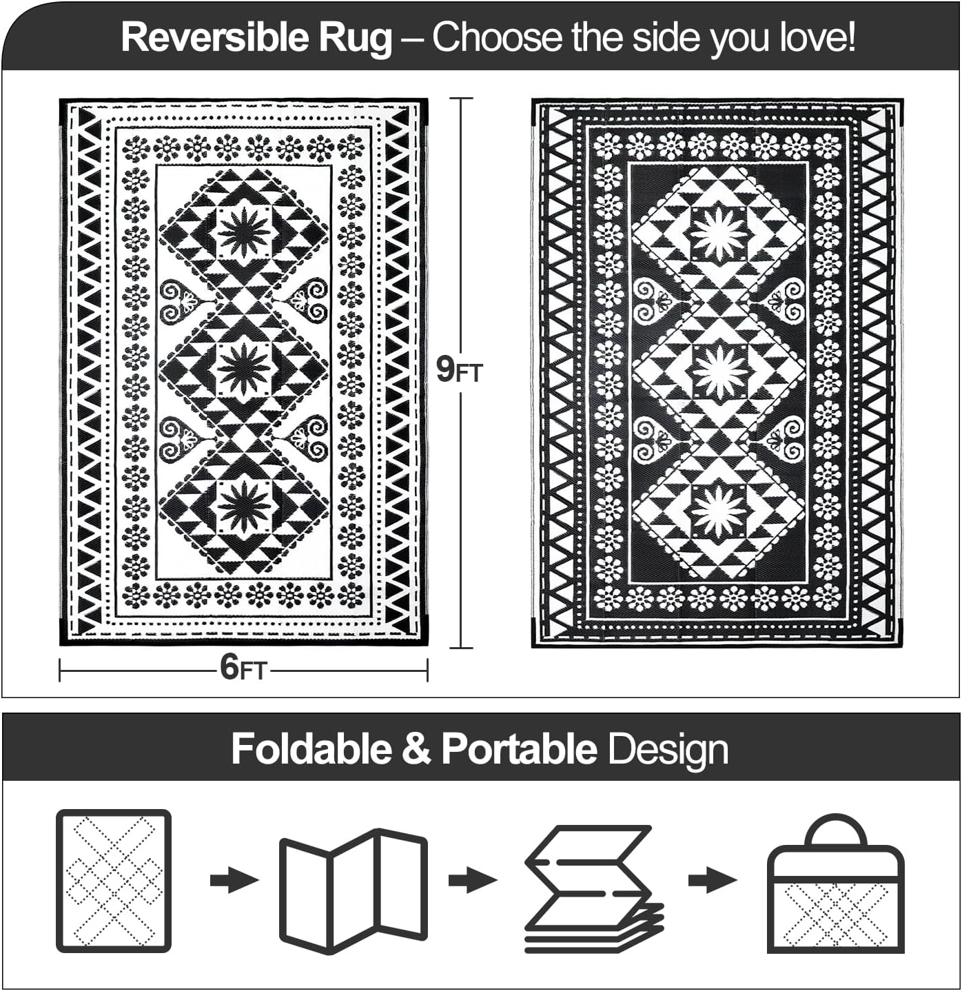 Waterproof Outdoor Rug 6x9ft, Reversible Plastic Straw Mat Rugs for Patio RV Deck Porch Backyard Balcony Camping Picnic Beach Indoor Outdoor Carpet, Black&White