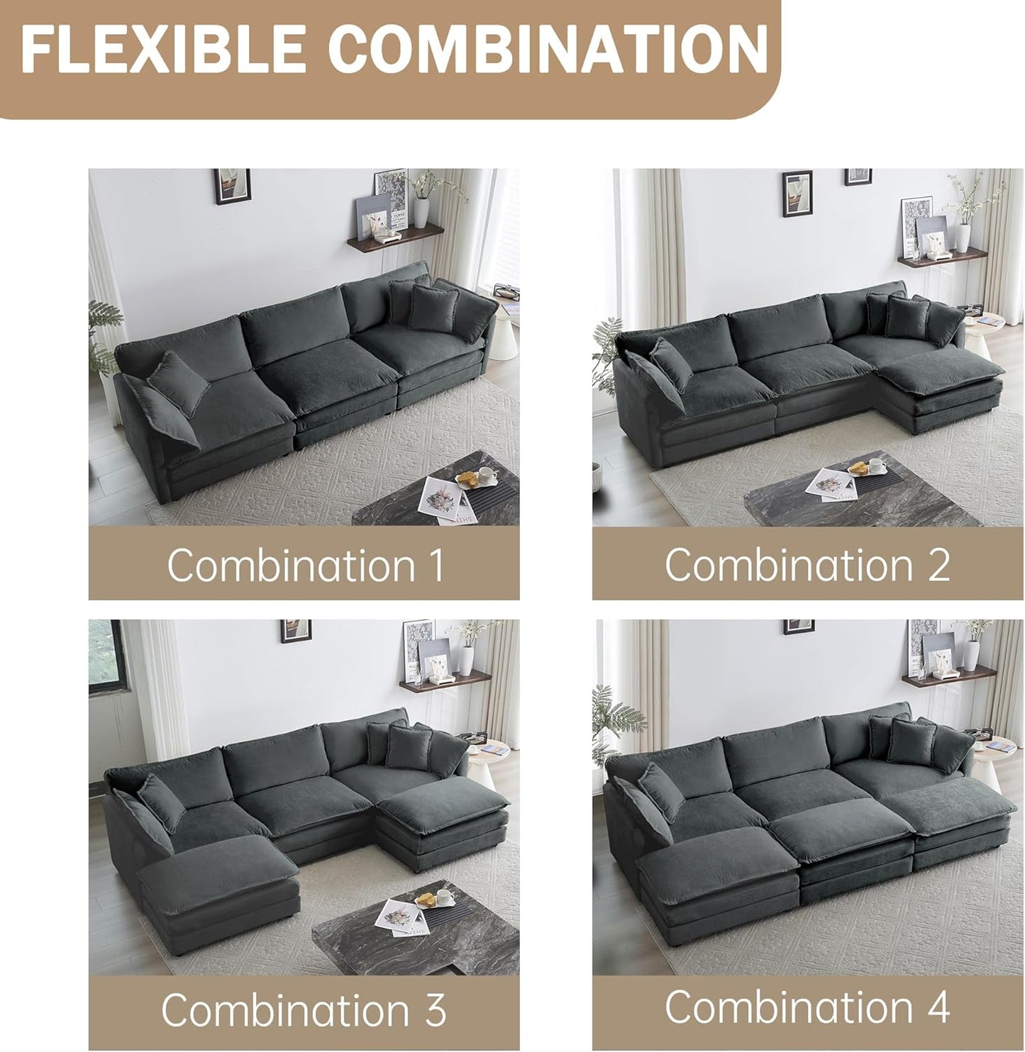 Sectional Sofa 3 Seater with Movable 2 Ottomans,Oversized Modular Couch Deep Seat (Grey, 111.5 inch-U)