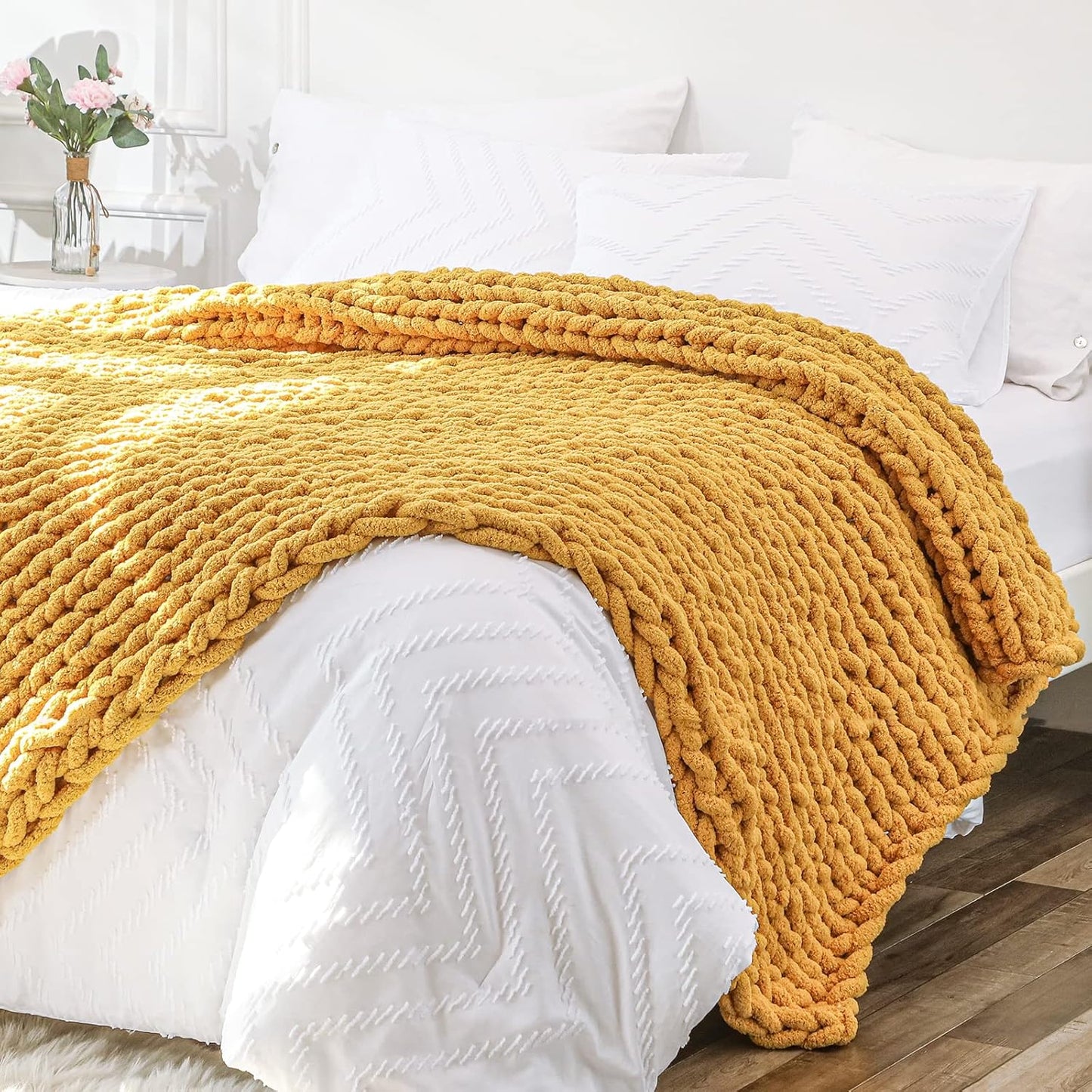 Bigacogo Chunky Knit Throw Blanket for Couch, 51x63 inches, 100% Hand Knitted with Thick Jumbo Chenille Yarn, Cozy Soft Large Rope Knot Cable Crochet Blankets for Sofa Bed Living Room, Mustard Yellow