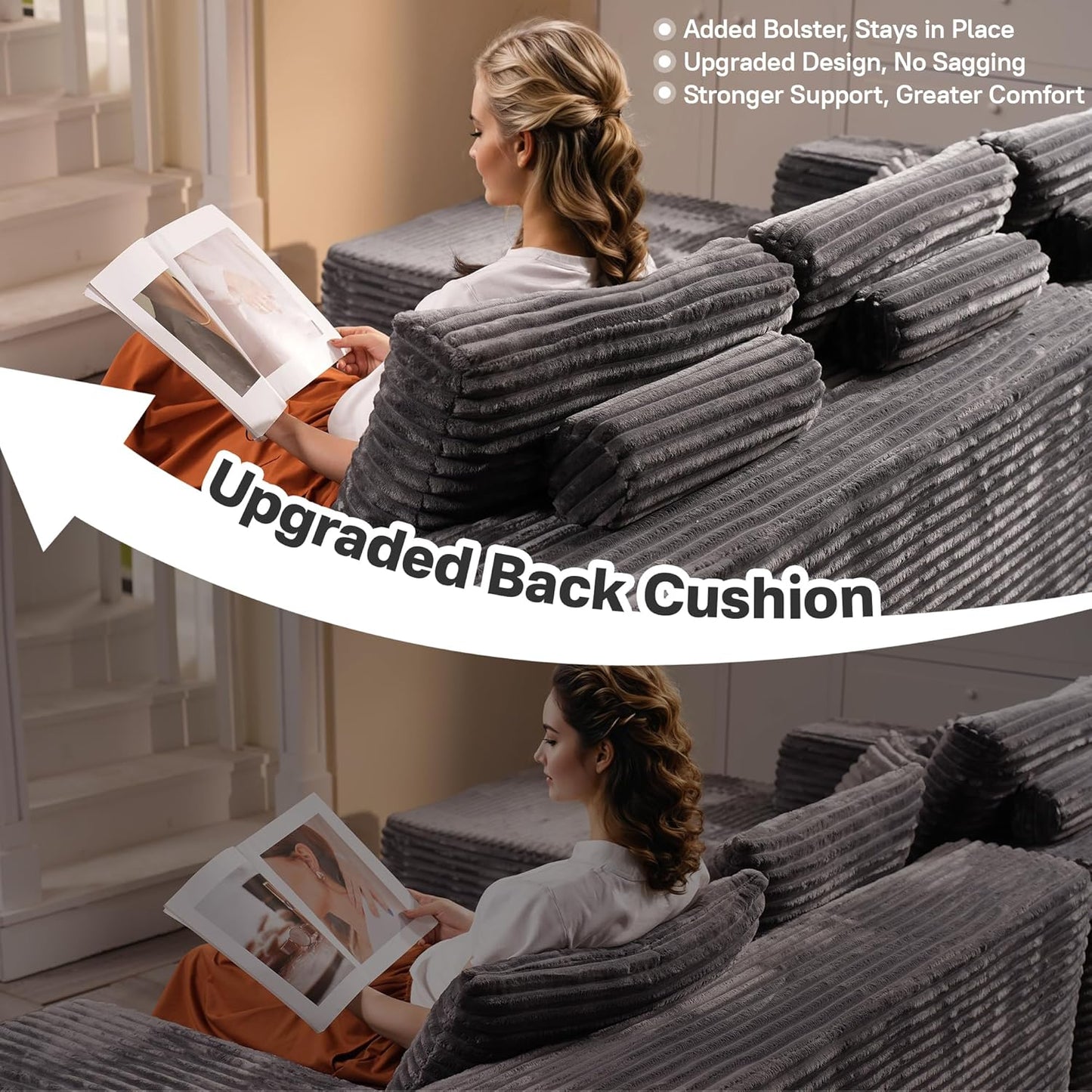 106" Cloud Sectional Couches for Living Room,Plush Corduroy Boneless Couch with Comfy Chaise,L Shaped Sofa in A Box No Assembly Require,Grey