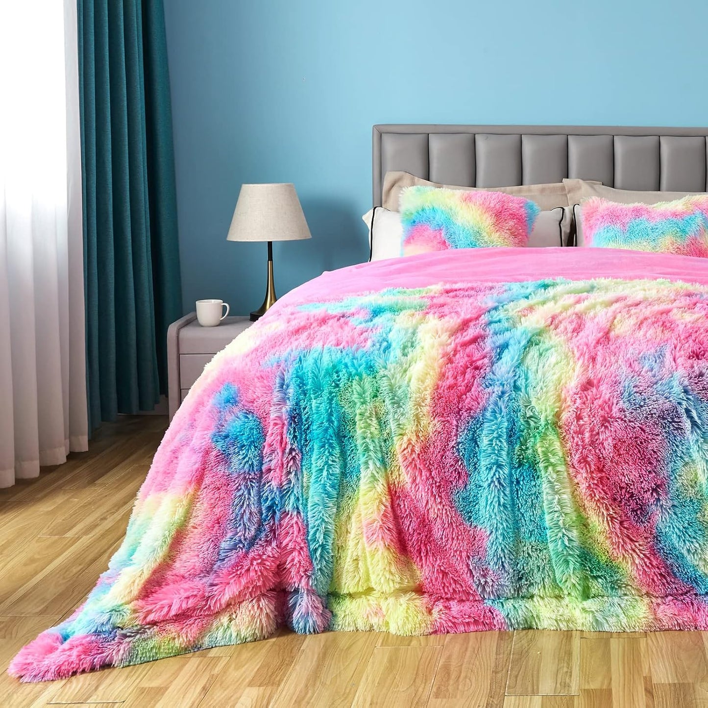 GONAAP Fuzzy Faux Fur Throw Blanket Queen Size Dark Rainbow Super Soft Cozy Plush Fuzzy Shaggy Blanket for Couch Sofa Bed (Dark Rainbow, Queen(90"x90"))