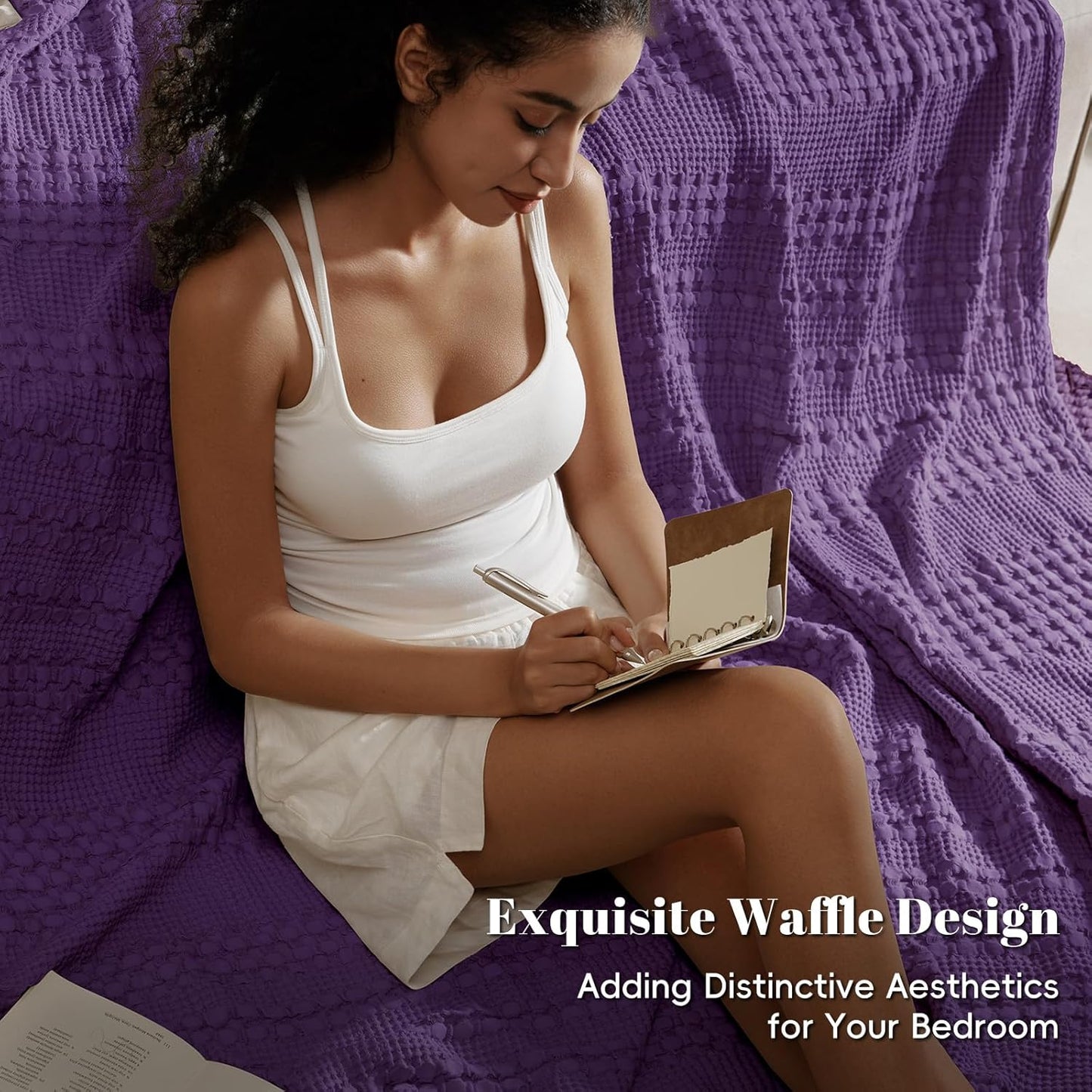 PHF 100% Cotton Waffle Weave Blanket Queen Size, Soft Lightweight Breathable Cozy Summer Blankets for Bed, Luxury Aesthetic Woven Bedding for Home Decor, 90"x90", Grape Purple