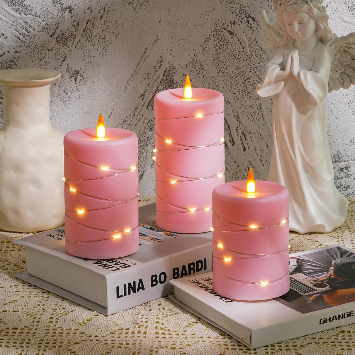 Rose Pink Flameless Candles with String Lights Battery Operated Flickering LED Pillar Candles 4‘’ 5‘’ 6‘’ Candle with Remote Control, Set of 3