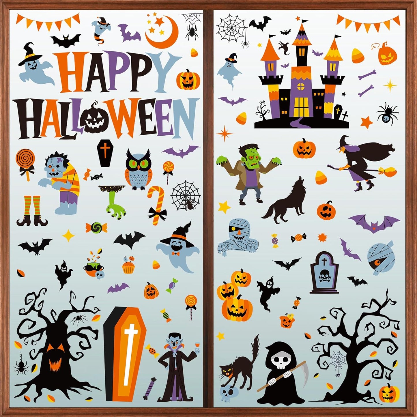 115PCS Halloween Window Clings, 9 Sheets Halloween Decorations, Cute Witch Tree Zombie Ghost Patterns PVC Window Stickers for Treat or Trick Party Favors Decal Supplies Decor Accessories