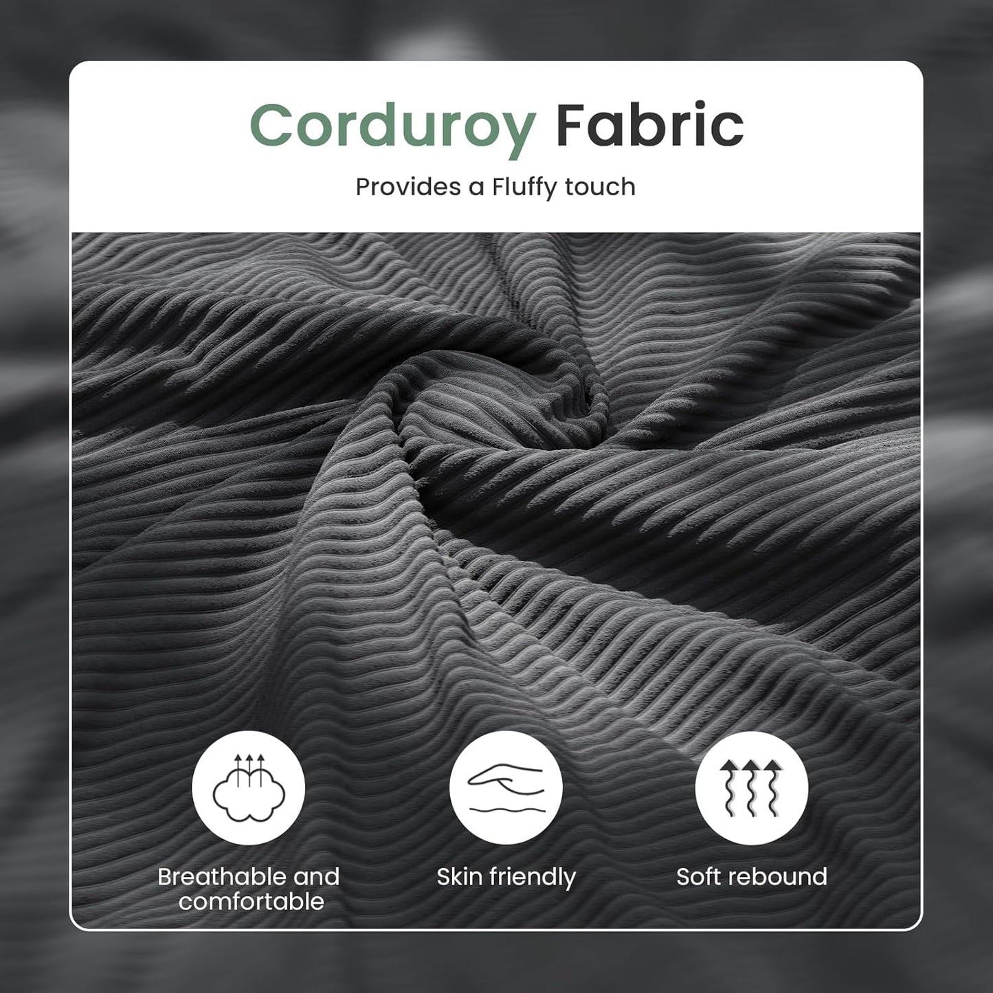 3 Seater Corduroy Couch for Living Room, 89” Black Cloud Sofa, Deep Seat Floor Couch for Bedroom, Futon Modern Sofa Sectional Bed, Black Corduroy