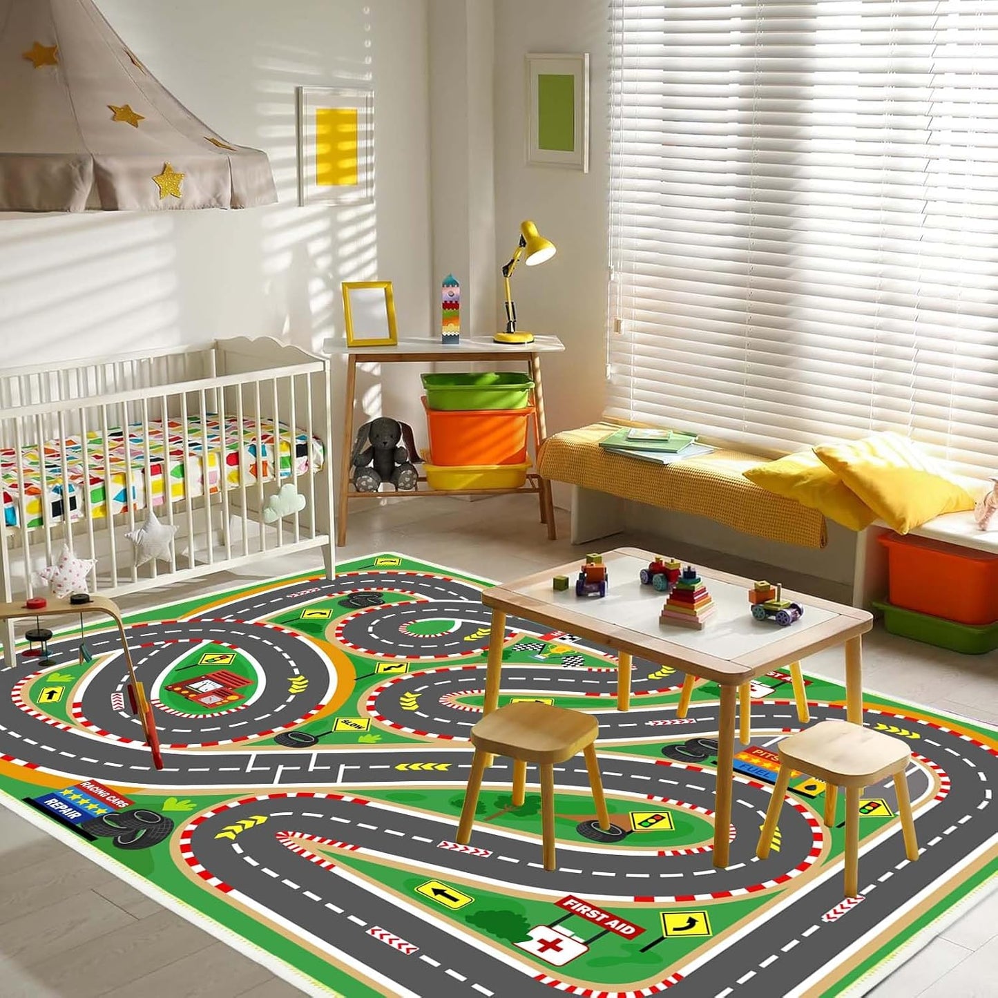 Kids Rug Race Track Play mat Playroom Rug Car Rugs for Kids Toy Cars Road Rugs for Kid Classroom (Race-Green, 2.6x3.9ft)