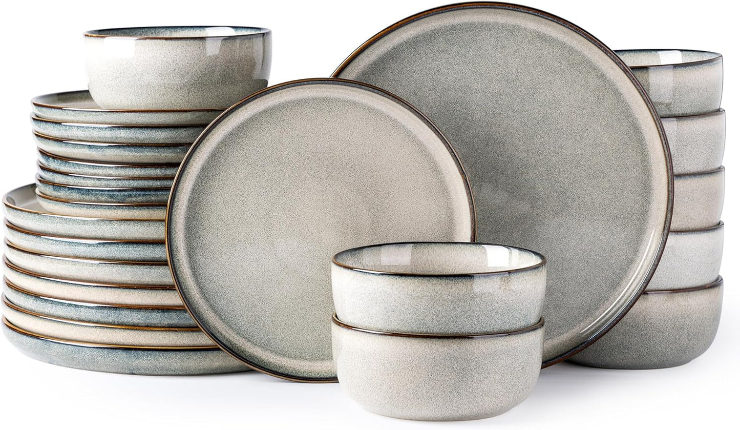 GBHOME Ceramic Dinnerware Sets for 8, 24 Pieces Stoneware Plates and Bowls Sets, Scratch Resistant Dishes, Dishwasher & Microwave Safe, Reactive Glaze-Green Wheat