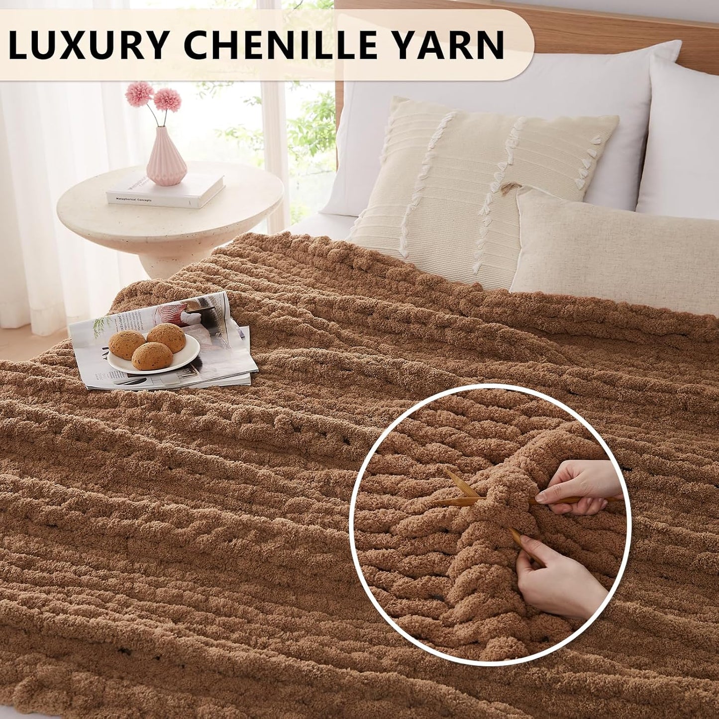 L'AGRATY Chunky Knit Blanket Throw: 80''x90'' Chenille Chunky Knitted Throw Blanket for Bed Couch - Handmade Thick Big Cable Knit Blanket - Large Chunky Crochet Rope Blanket for Home Decor(Brown)
