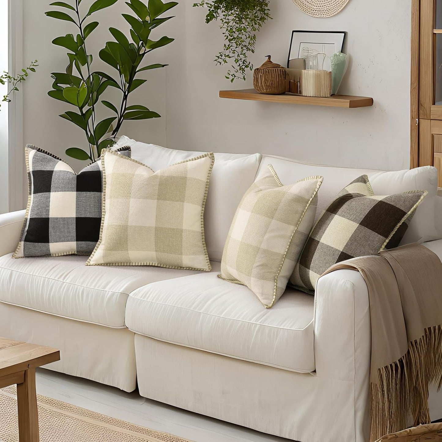 decorUhome Buffalo Plaid Check Throw Pillow Covers 18x18 Set of 2, Outdoor Decorative Farmhouse Neutral Pillow Covers with Stitched Edge for Bed Couch Sofa, Brown and Beige