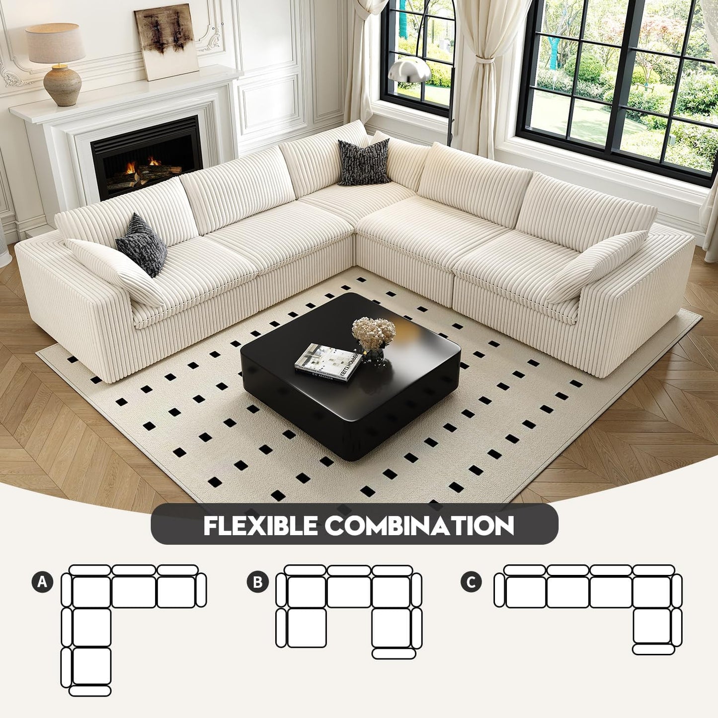 118" Cloud Couch Oversized Modular Sectional Sofa for Living Room,Modern Sofa with Deep Seat，V Shaped Boneless Couch,Comfy Upholstered Corduroy Couches for Apartment, Studio, Office,Bedroom，White