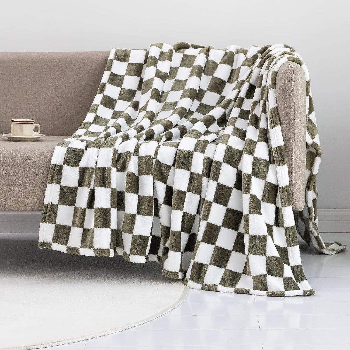 LOMAO Throw Blankets Flannel Blanket with Checkerboard Grid Pattern Soft Throw Blanket for Couch, Bed, Sofa Luxurious Warm and Cozy for All Seasons (Dark Olive, 90"x90")