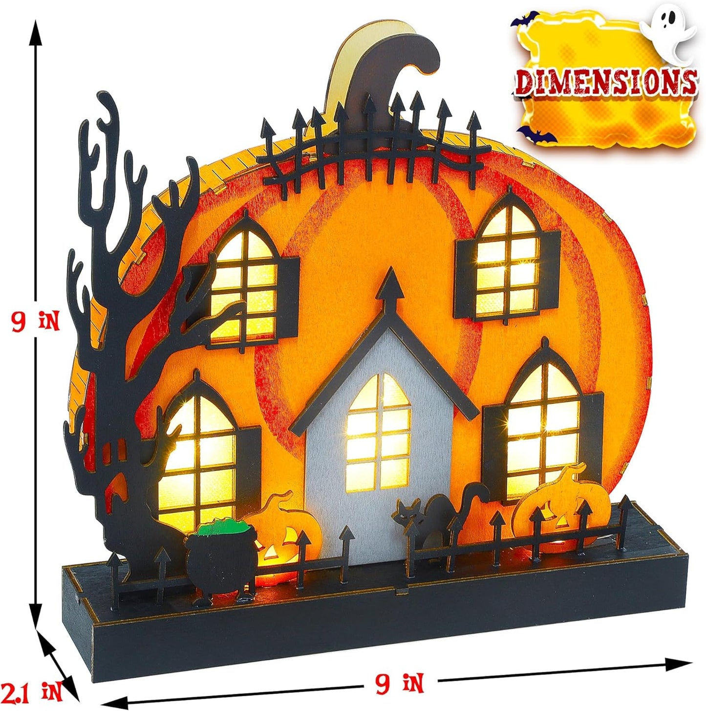 Lulu Home Halloween Tabletop Decoration, Wooden Lighted Pumpkin House Decoration Ornaments, Battery Operated Halloween Sign Indoor Fireplace Desk Kitchen Table Ornament, 9 x 9 x 2.1 INCH