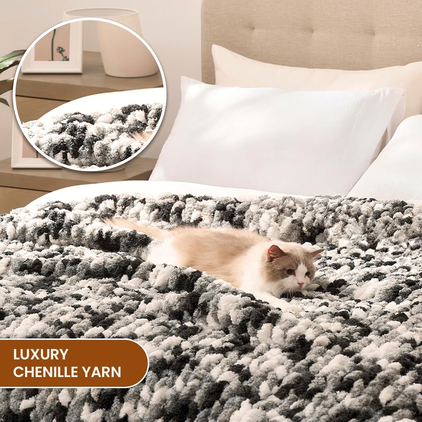 L'AGRATY Chunky Knit Blanket Throw: 50''x60'' Chenille Chunky Knitted Throw Blankets for Bed Couch - Handmade Thick Cable Knit Blanket - Large Crochet Rope Blankets for Home Decor