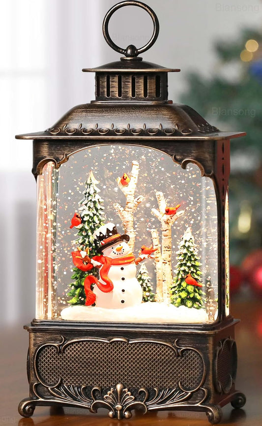 Snowman Snow Globe Lantern Christmas Decorations Gifts Auto Snowfall Glitter Music Collection Snowman Cardinal Birch Forest with 6H Timer USB/Battery Powered 10.2 inch