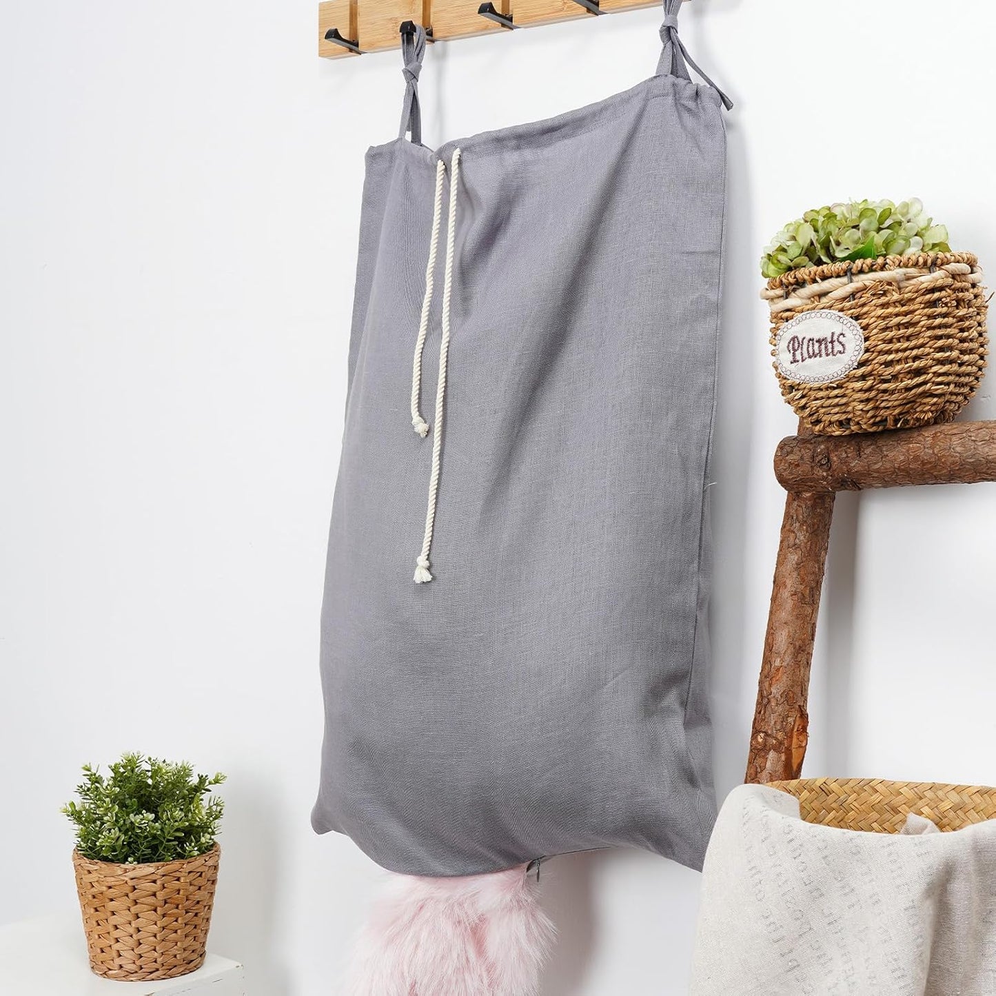 Linen Hanging Laundry Bag, Over The Door Laundry Hamper for Dirty Clothes, Drawstring Closure with Bottom Zipper, Gray
