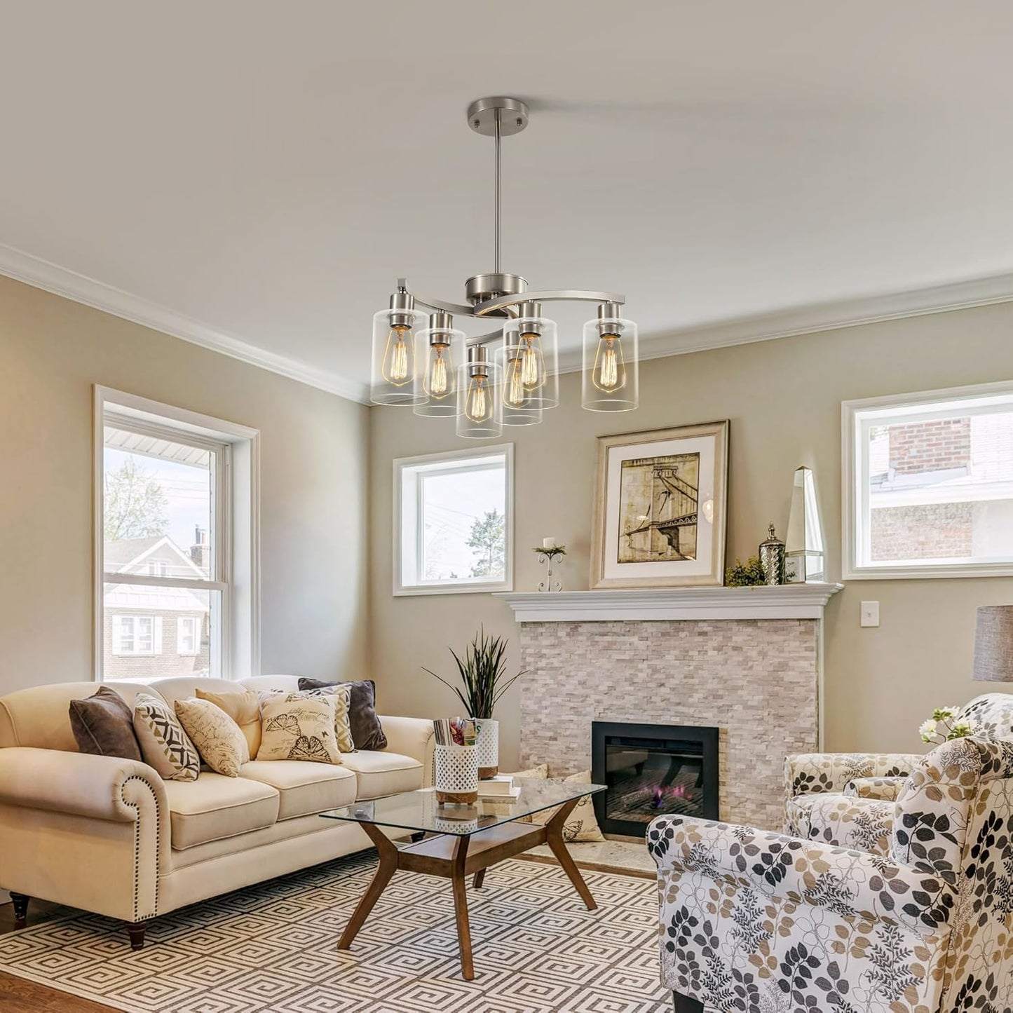 6-Light Brushed Nickel Chandeliers for Dining Room Light Fixtures Over Table, Adjustable Height Hanging Industrial Pendant Lighting for Kitchen Island Bedroom, Clear Glass Shade