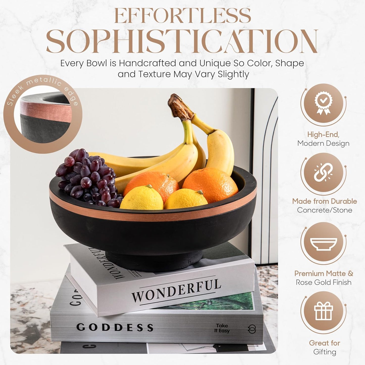 Concrete Fruit Bowl for Kitchen Counter - Large Decorative Bowls for Home Decor - Modern Key Bowl for Entryway Table - Hand-Poured Pedestal Bowl for Keys